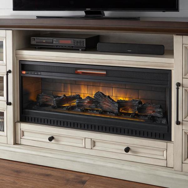 Cecily 72 in. Freestanding Electric Fireplace TV Stand in Antique White with Warm Charcoal Top Finish
