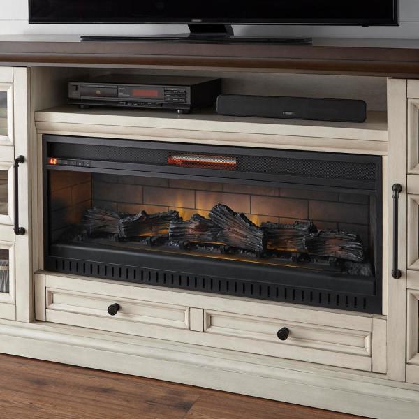 Cecily 72 in. Freestanding Electric Fireplace TV Stand in Antique White with Warm Charcoal Top Finish