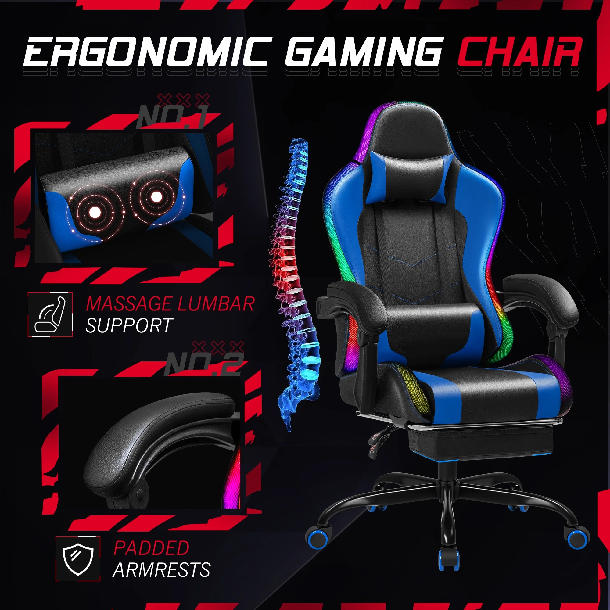 Homall RGB Gaming Chair with Massage and LED Lights Ergonomic Computer Chair with Footrest & Adjustable Lumbar Support, White