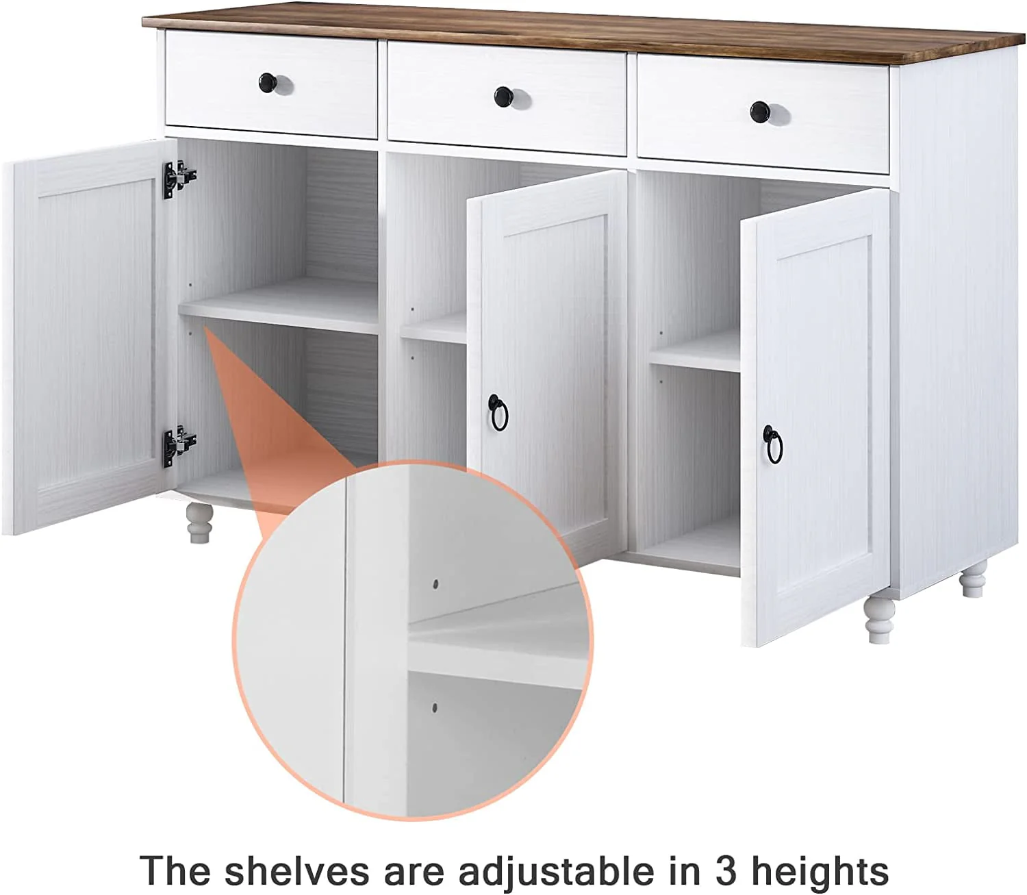 Catrimown Sideboard Buffet Cabinet, Mid-Century Kitchen Storage Cabinet with 3 Drawers & 3 Doors, Coffee Bar Cabinet with 3 Adjustable Shelves, White