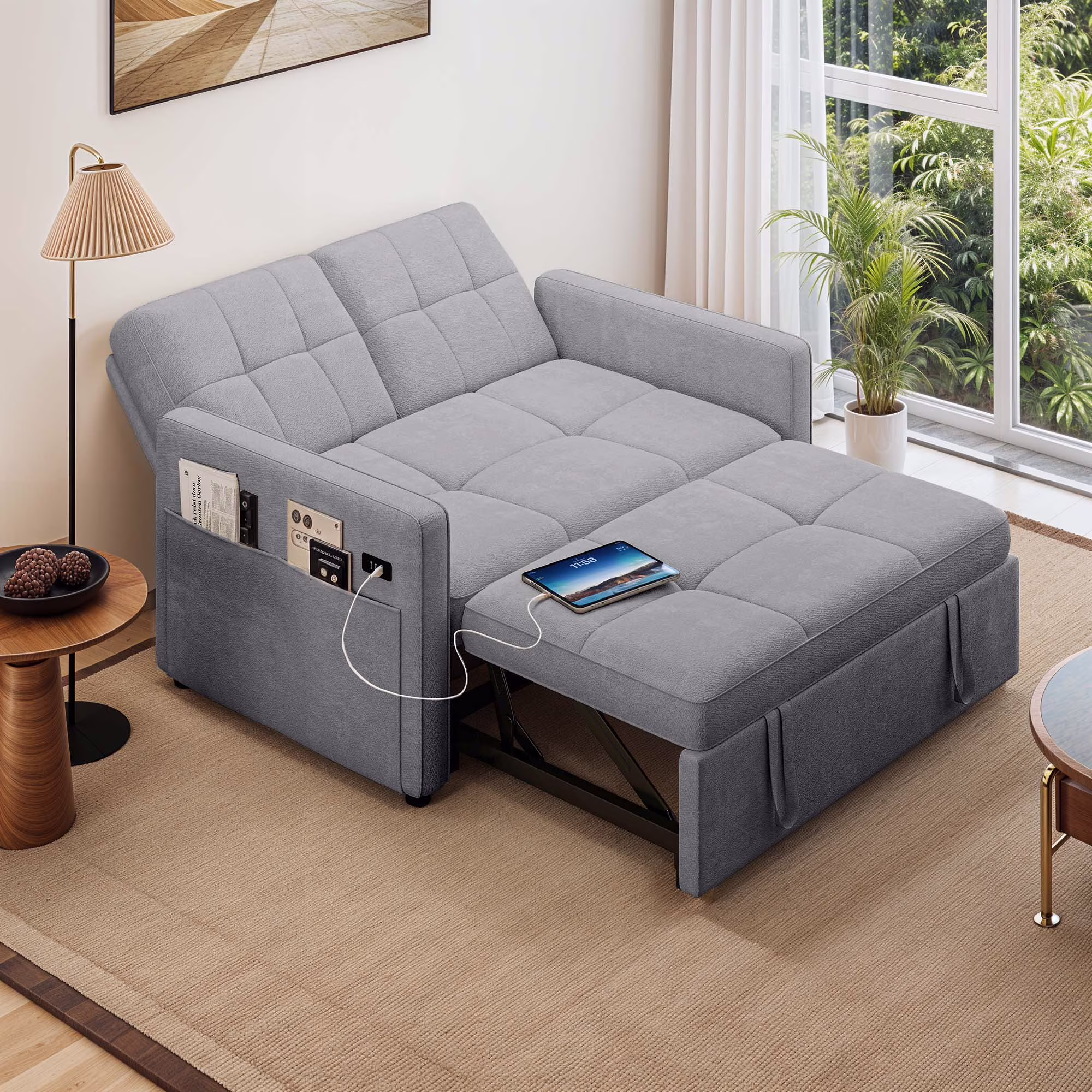 Dextrus  3-in-1 Convertible Futon Sofa Bed, Modern Sleeper Sofa with Pull-Out Bed for Small Place, Beige