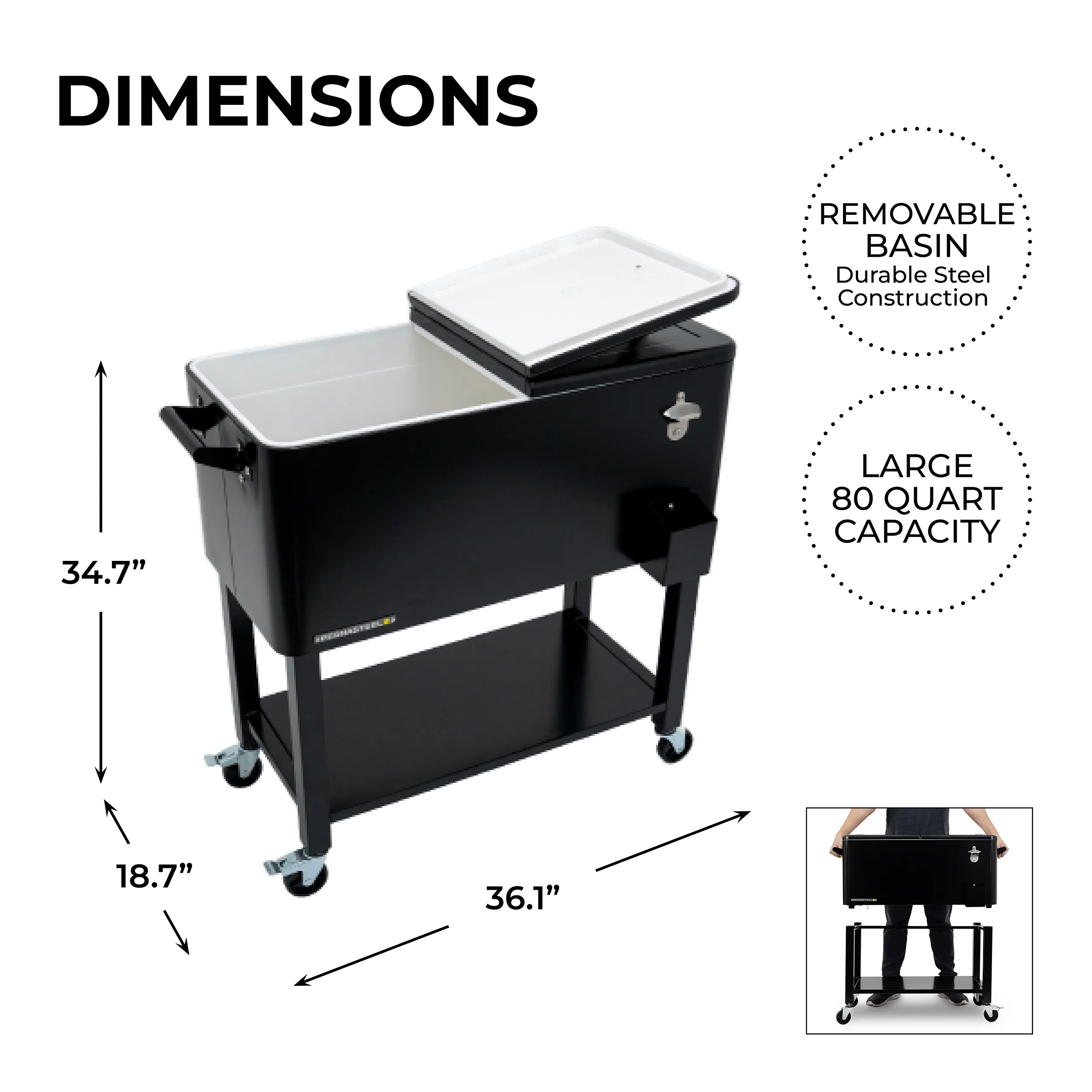 Permasteel 80-Qt Outdoor Steel Patio Cooler with Removable Basin, Rolling Cooler with Wheels, Teal Green