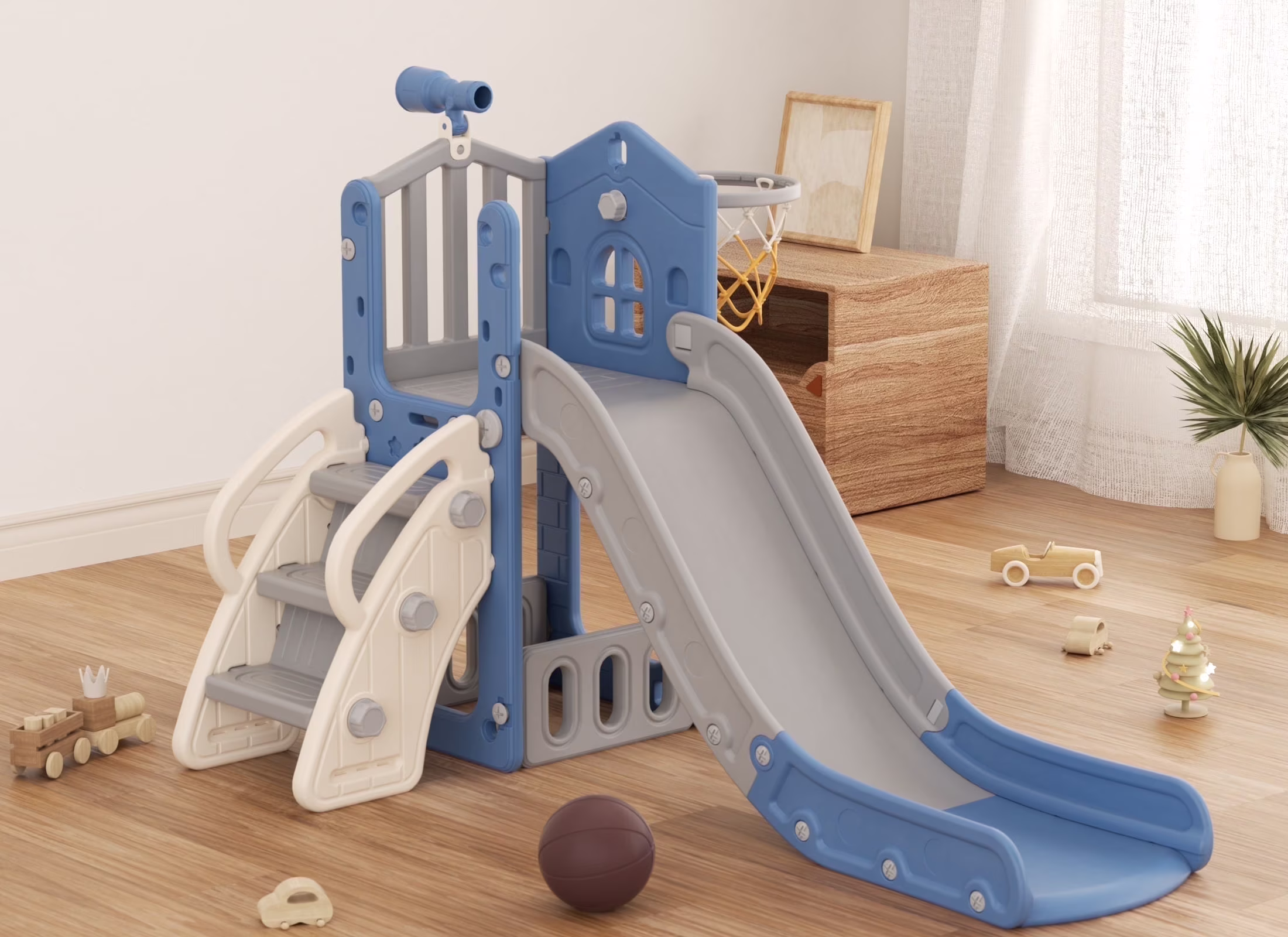 KORIMEFA 6-in-1 Toddler Slide for Age 1-3, L-Shaped Kids Slide with Basketball Hoop and Telescope, Outdoor and Indoor Playground Climber Playset Toys, Blue Gray