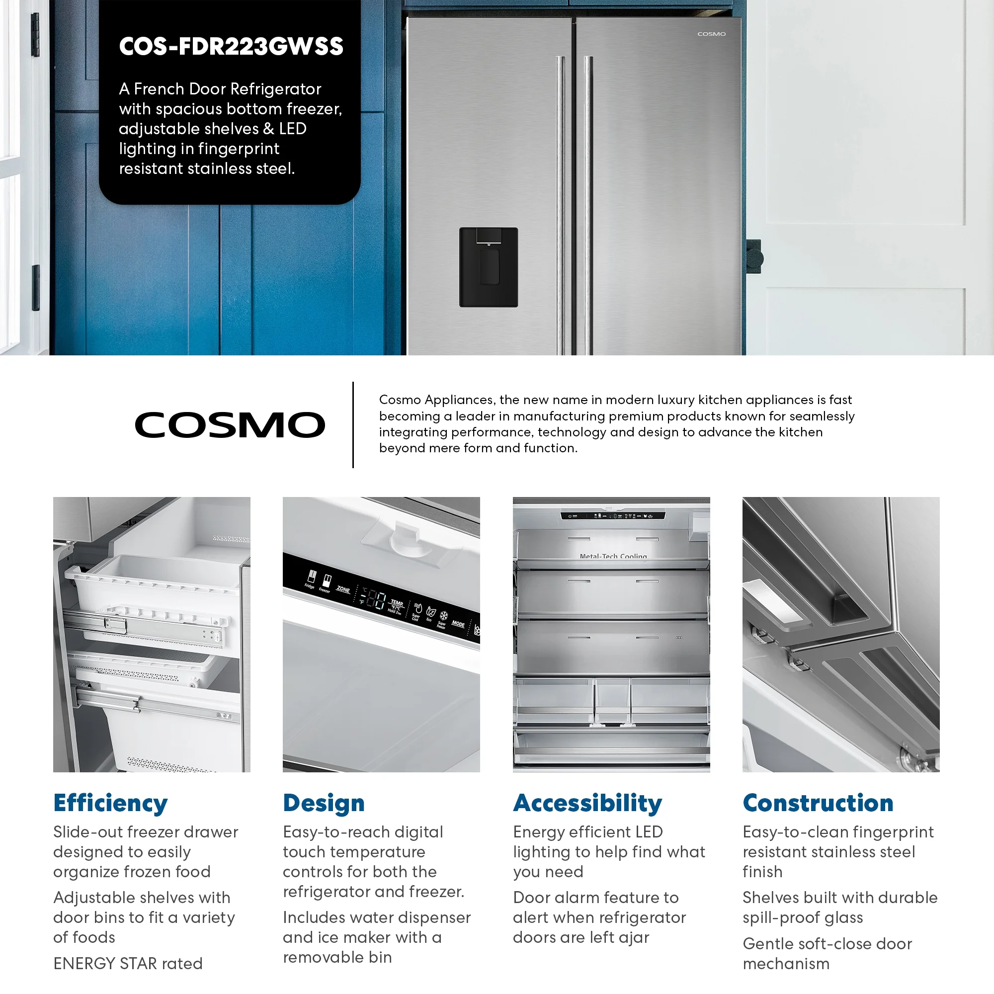 22.4 cu. ft. 3-Door French Door Refrigerator Water Dispenser in Stainless Steel