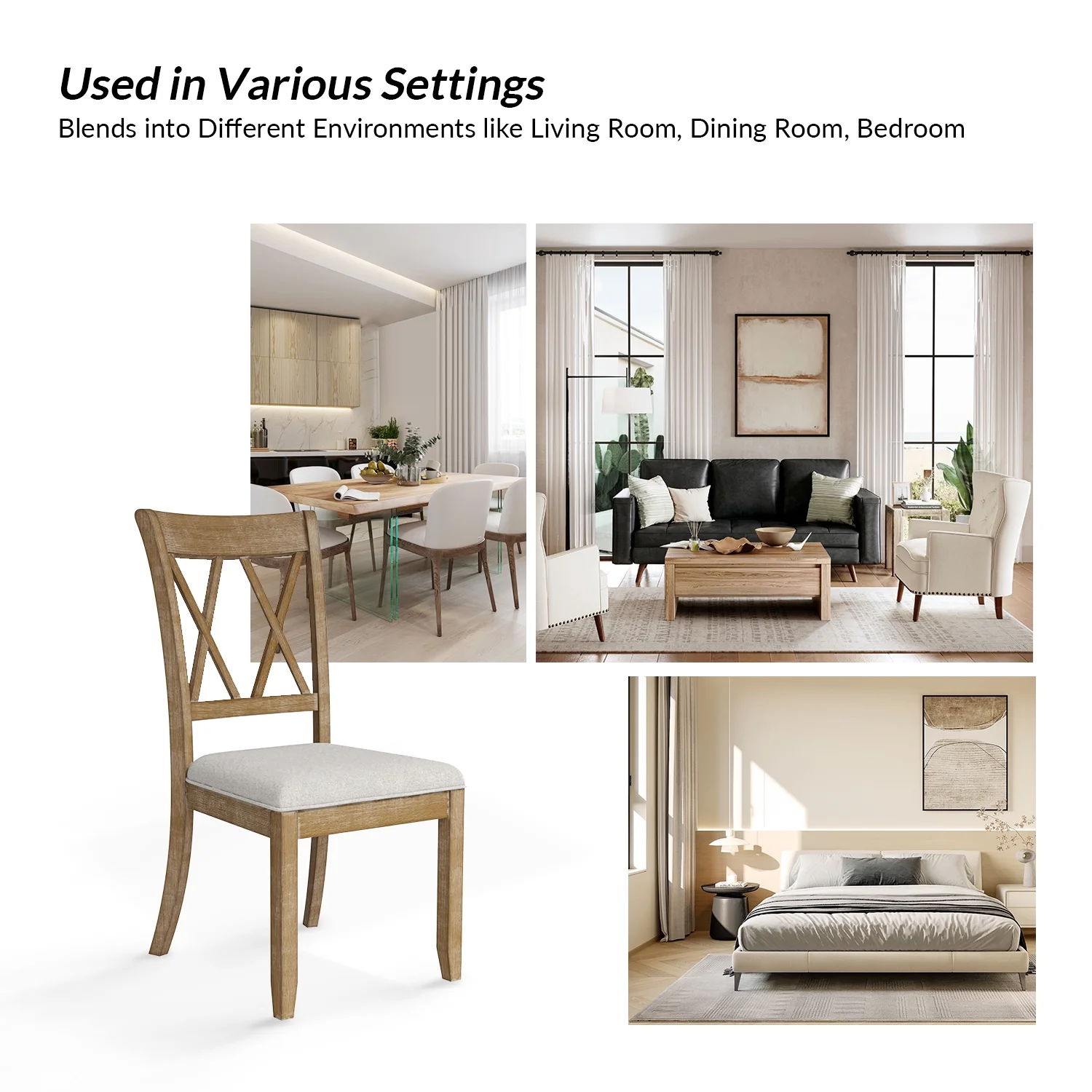 Farmhouse Solid Wood Dining Chairs Upholstered Armless Side Chairs Set of 4 Crossing High Backrest Living Room Kitchen