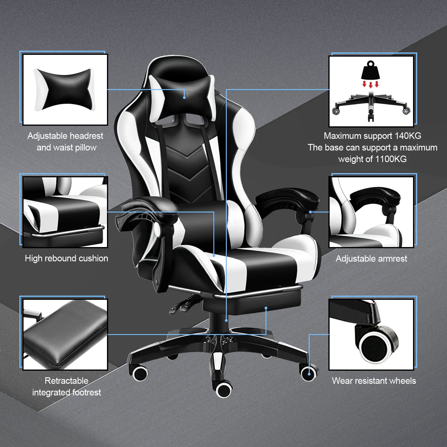Gaming Chair with Adjustable Footrest,Eighteentek High Back Office Chair with Lumbar Support & Adjustable Headrest Video Game Chairs for Adults Black
