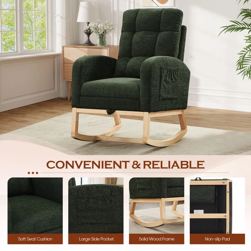 FFH Rocking Chair Nursery, Tufted Accent Rocker Chair, Upholstered Armchair with Adjustable Footrest, Side Pocket, High Backrest, Padded Seat, Polyester Blend (Retro, Dark Gray)