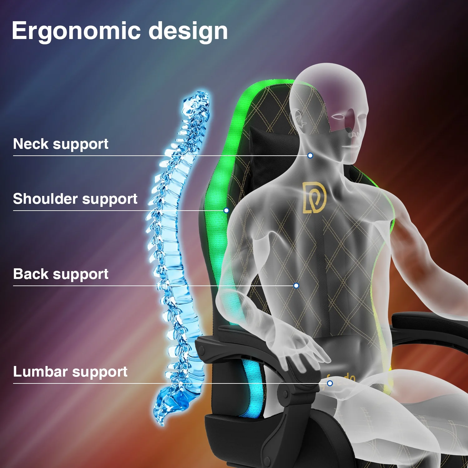 Dryfeedo Gaming Chair with LED Lights, Ergonomic Computer Chair with Lumbar Support, Adjustable Headrest & Footrest, Green