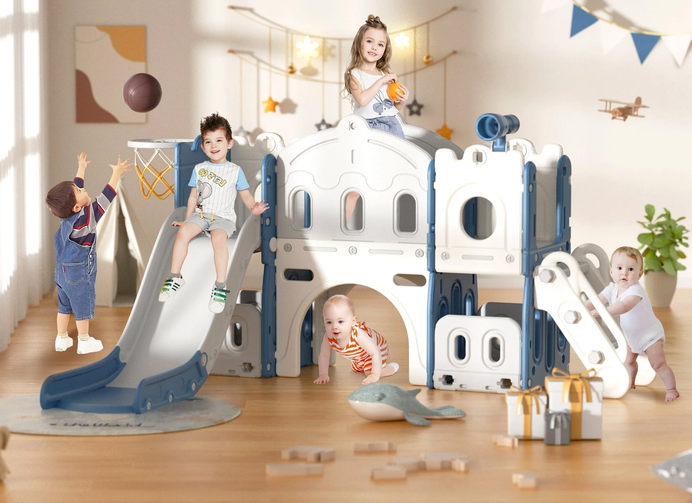 KORIMEFA 8 in 1 Kids Slide Set with Climber, Toddler Climber Slide Play Set with Basketball Hoop, Tunnel, Toddler Playground Outdoor Indoor layground Slide Playset Age 1+