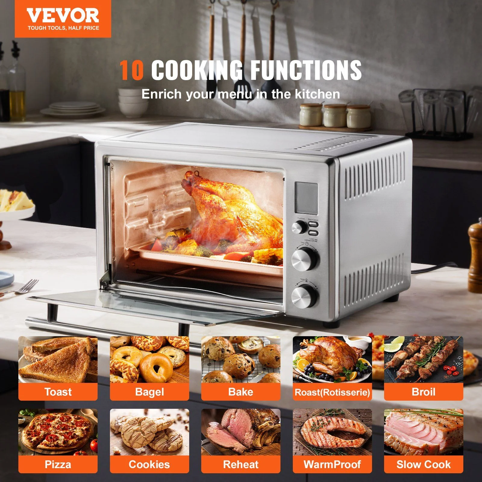 Countertop Convection Oven 28L Toaster Baker 10-IN-1 1800W for Home Use, with LCD Touchscreen, Multiple Cooking Functions, Rotisserie, and Accessories for Baking, Roasting, Toasting, and More