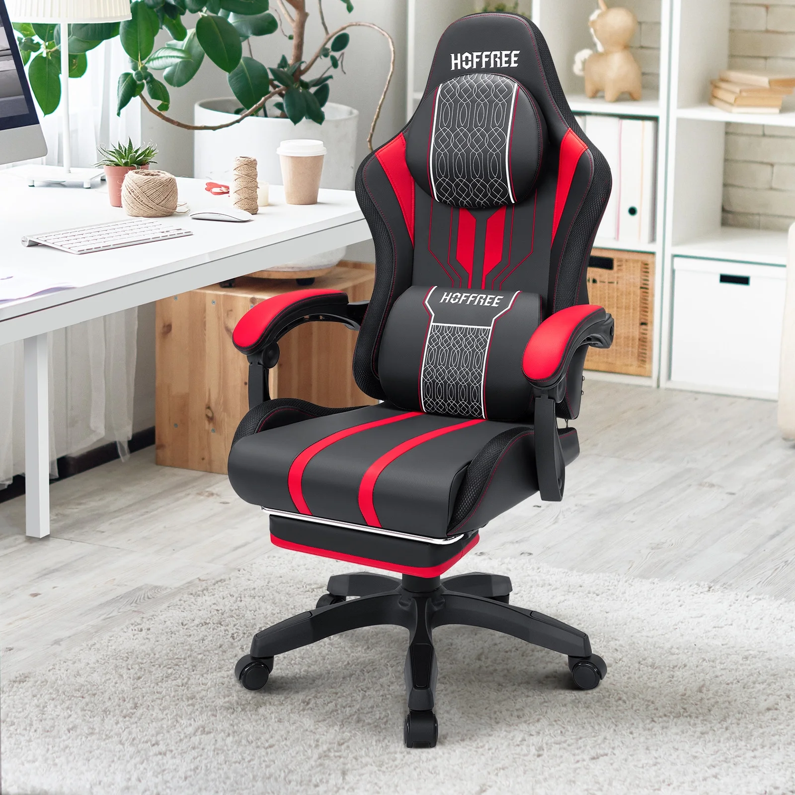 Hoffree Gaming Chair with Bluetooth Speakers Big and Tall Gamer Chair with Footrest and Massage Game Chair with Lumbar Support and 360-Swivel Seat and Headrest for Adults, 400lbs