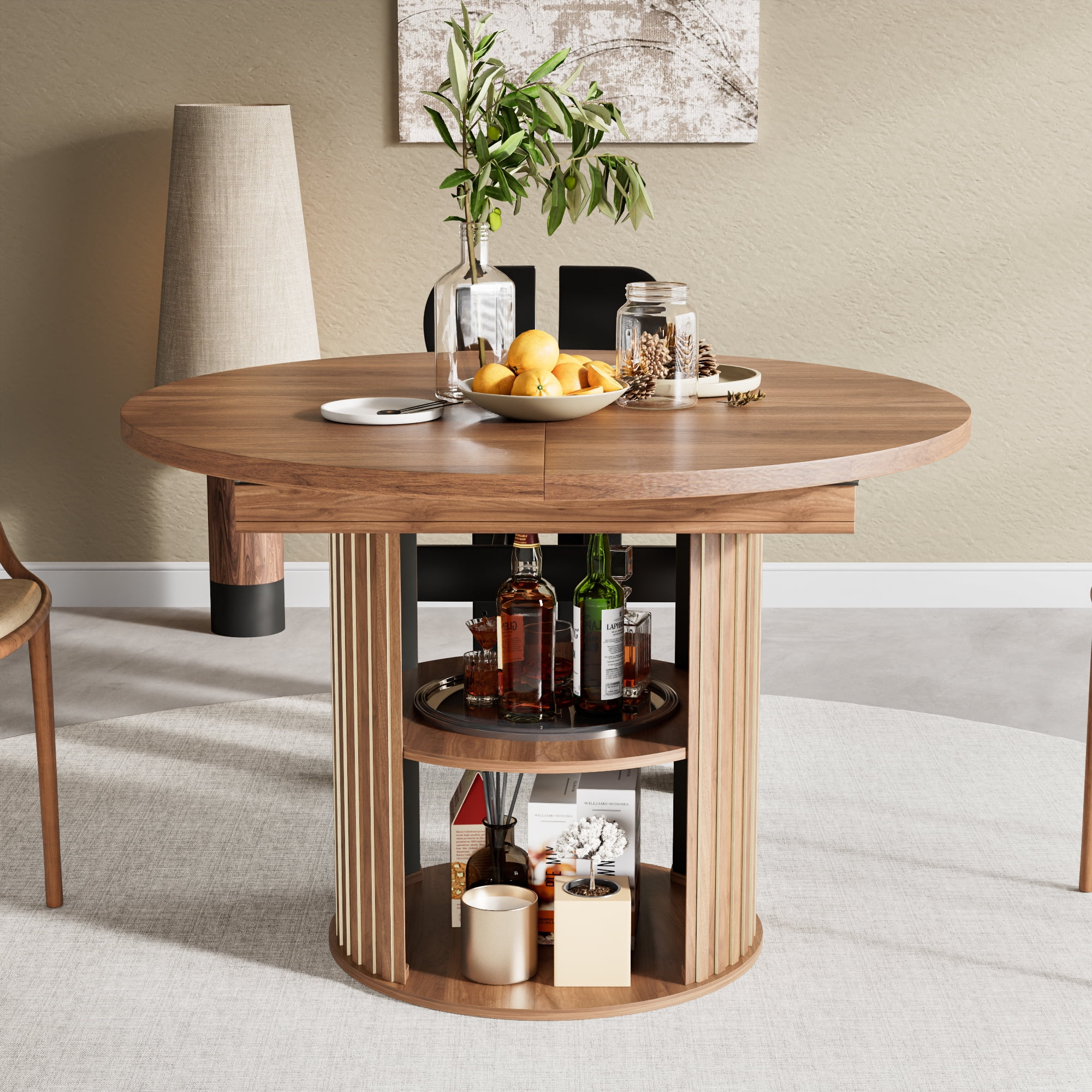 Extendable Dining Table for 4-6, Round Kitchen Table with Storage Shelf, Oval Dining Tables for Living Room (Walnut)