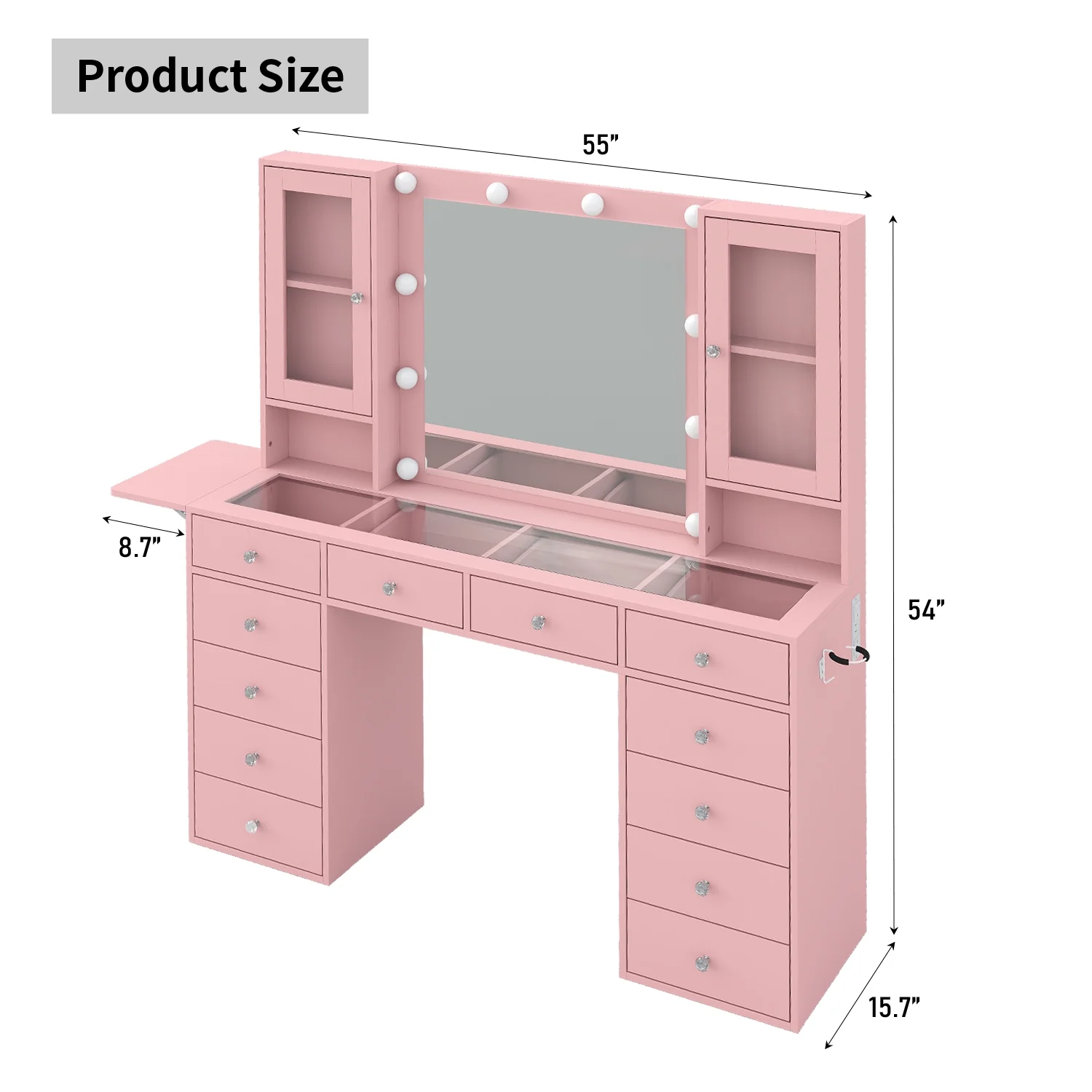 Vanity With Power Outlet, Vanity Desk With Mirror And 10 LED Lights, Makeup Vanity With 12 Drawers And 2 Cabinets, Fold-Up Panel, Glass Top Vanity Table With Chair For Bedroom