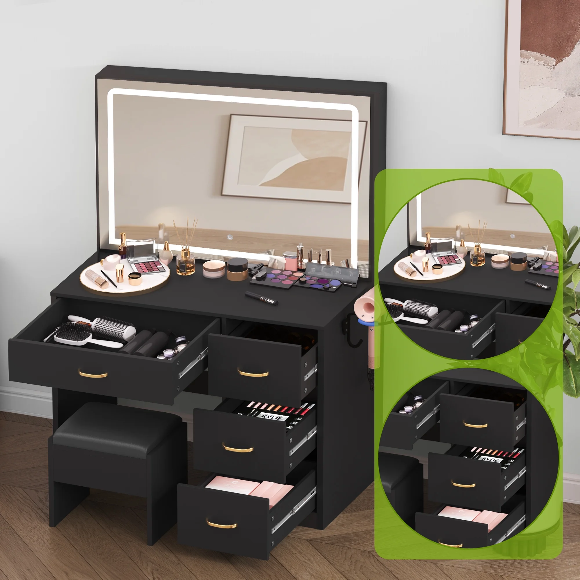 Dextrus Makeup Vanity Desk with Large Lighted Mirror and Storage - Enhance Your Beauty, Routine 4 Drawer Vanity Table with Cushioned Stool, Milky-White