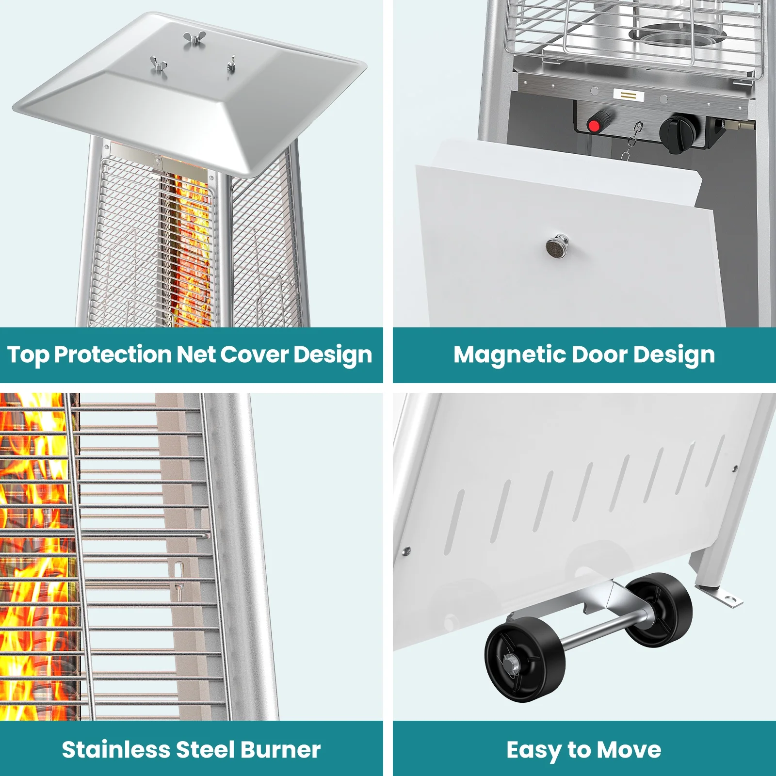 edx 42000 BTU Outdoor Propane Patio Heater Tower with Wheels, Stainless Steel