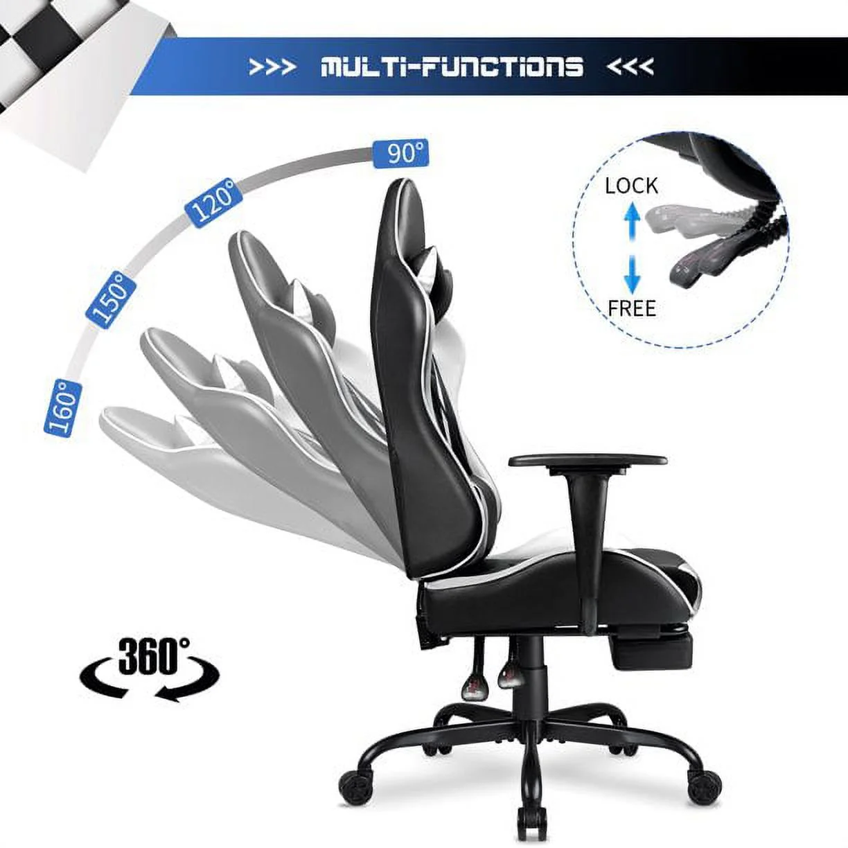 Lacoo High Back Gaming Chair PU Leather Adjustable Height Racing Chair with Lumber Support Ergonomic Gaming Chair with Reversible, White