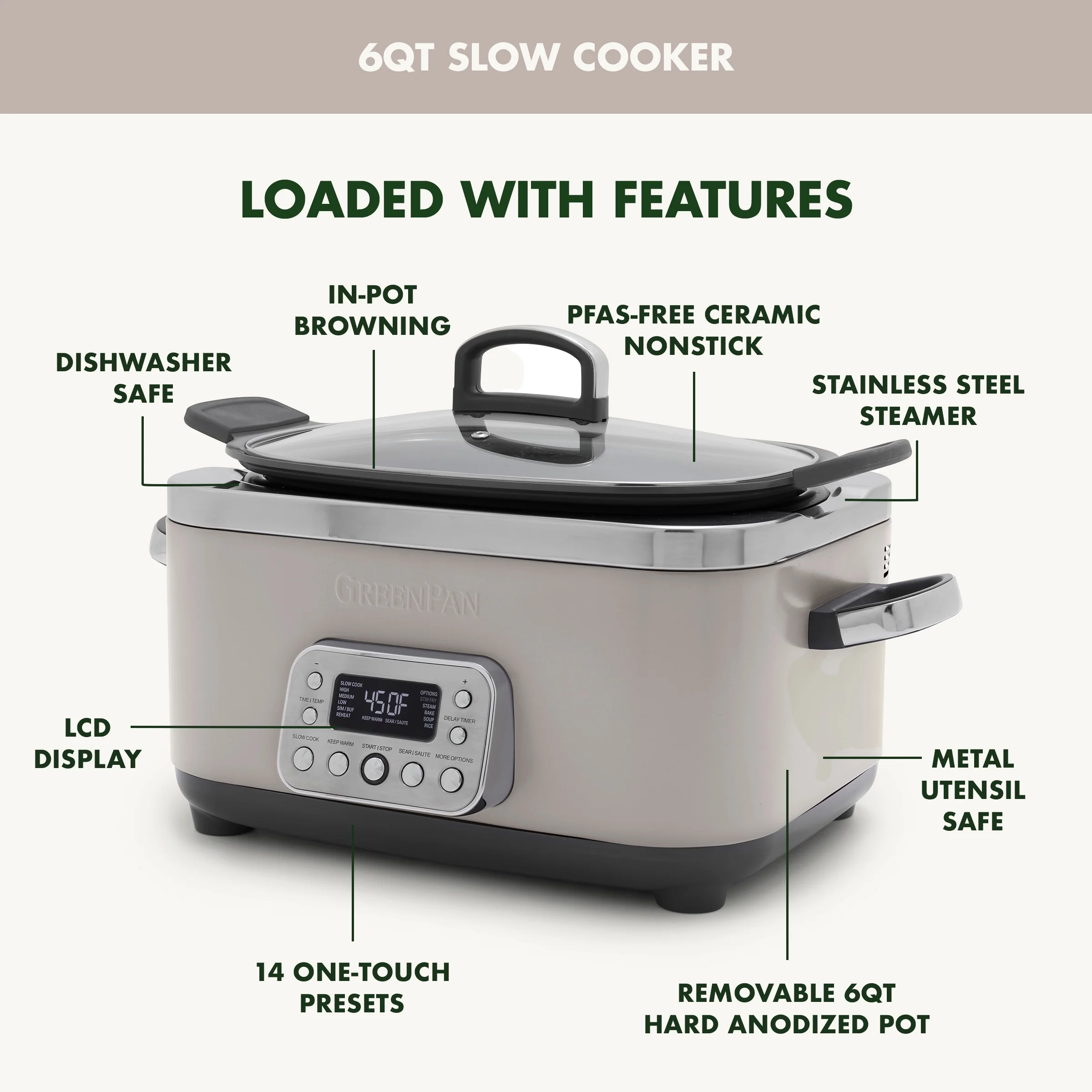 GreenPan 6-Quart, 14-in-1 Slow Cooker, Family Size, Ceramic Nonstick, Dishwasher Safe Parts, Black