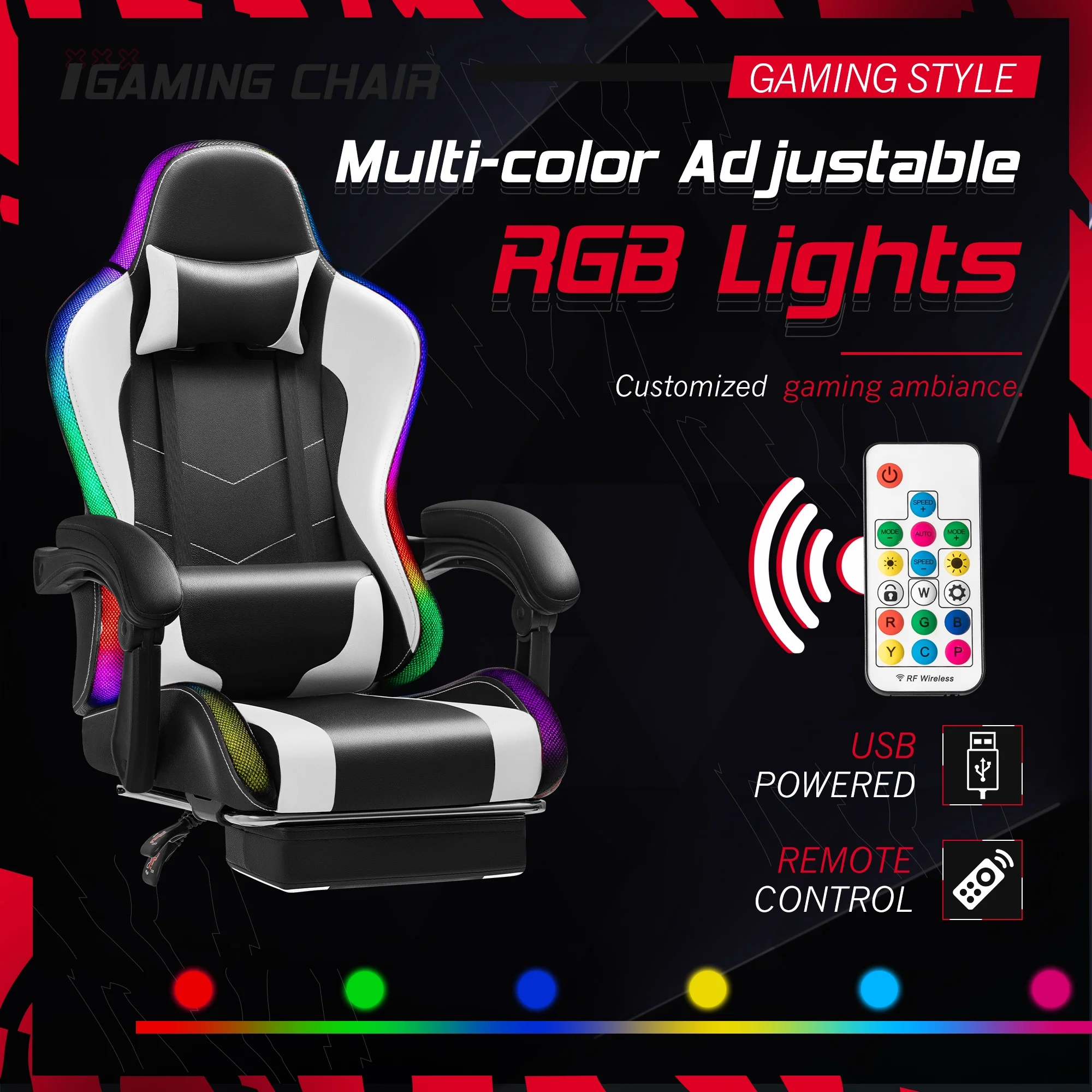 Homall RGB Gaming Chair with Massage and LED Lights Ergonomic Computer Chair with Footrest & Adjustable Lumbar Support, White