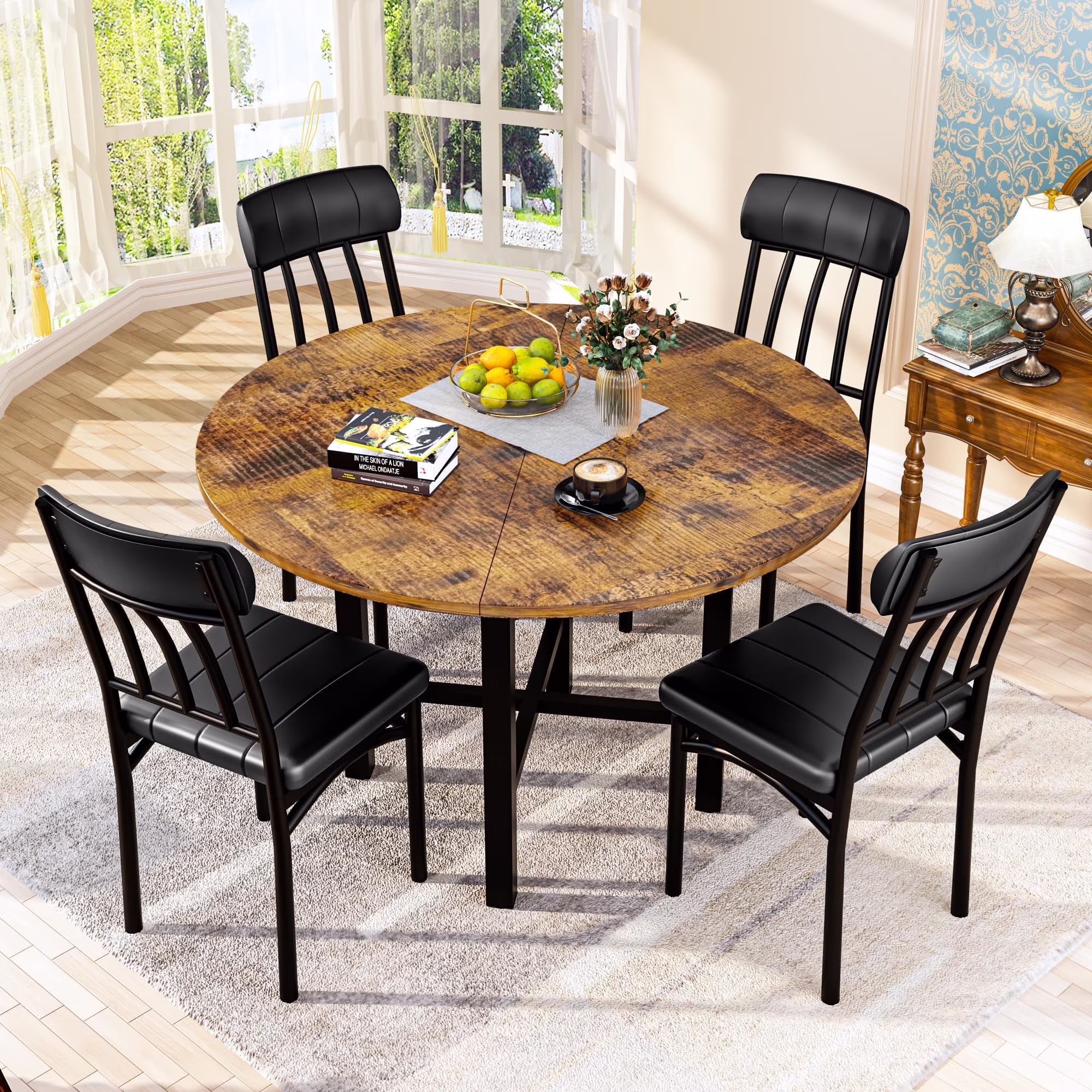 Furlinkhm Round Dining Table Set for 4, Wood Round Kitchen Table and Chairs Set for 4, Modern Dining Room Table Set with 4 Faux Leather Chairs, Round Dinner Table for Small Space, Walnut