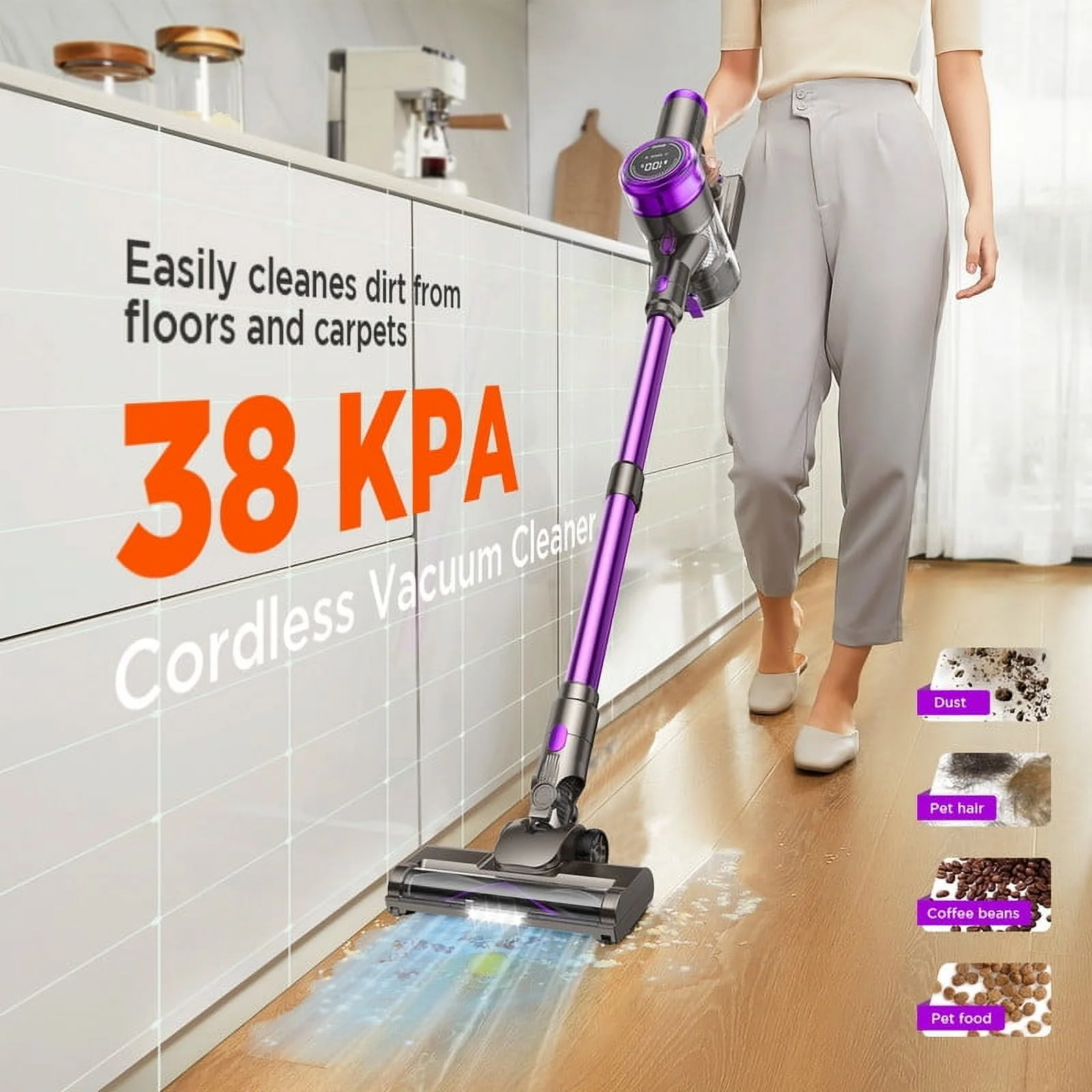 KANFUAQ Cordless Stick Vacuum Cleaner 38KPA 50Mins 2200mAh Lightweight for Home Pet Hair Carpet Hard Floor
