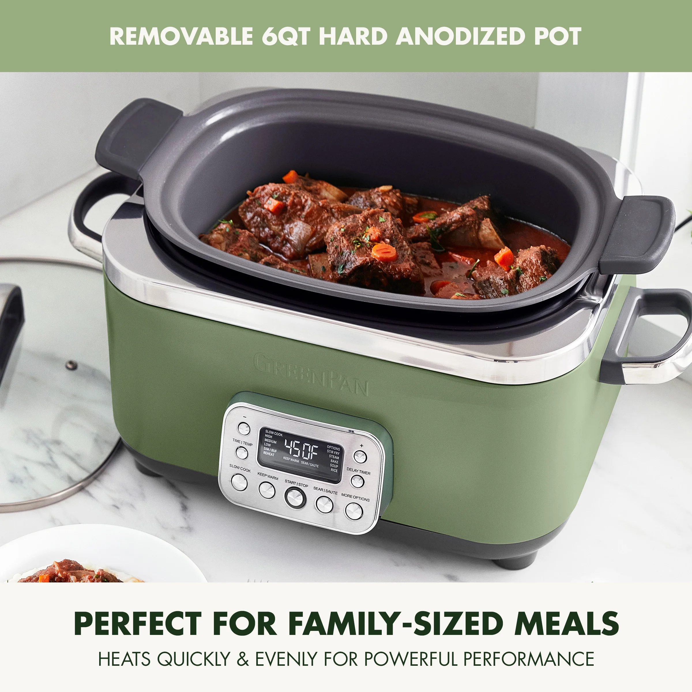 GreenPan 6-Quart, 14-in-1 Slow Cooker, Family Size, Ceramic Nonstick, Dishwasher Safe Parts, Black