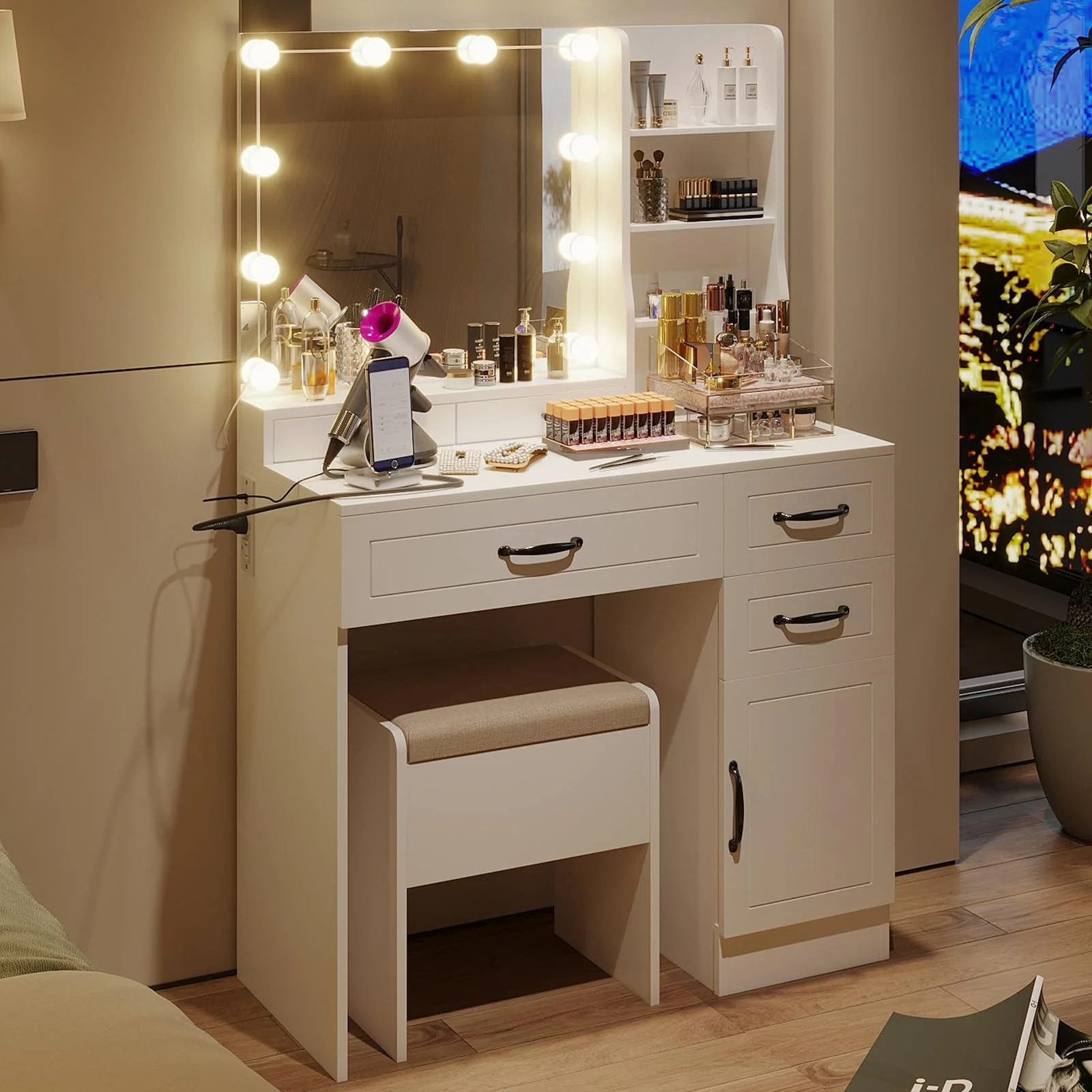 RichYa Makeup Vanity Table with Lighted Mirror Power Outlet Drawers and Cabinet for Bedroom White