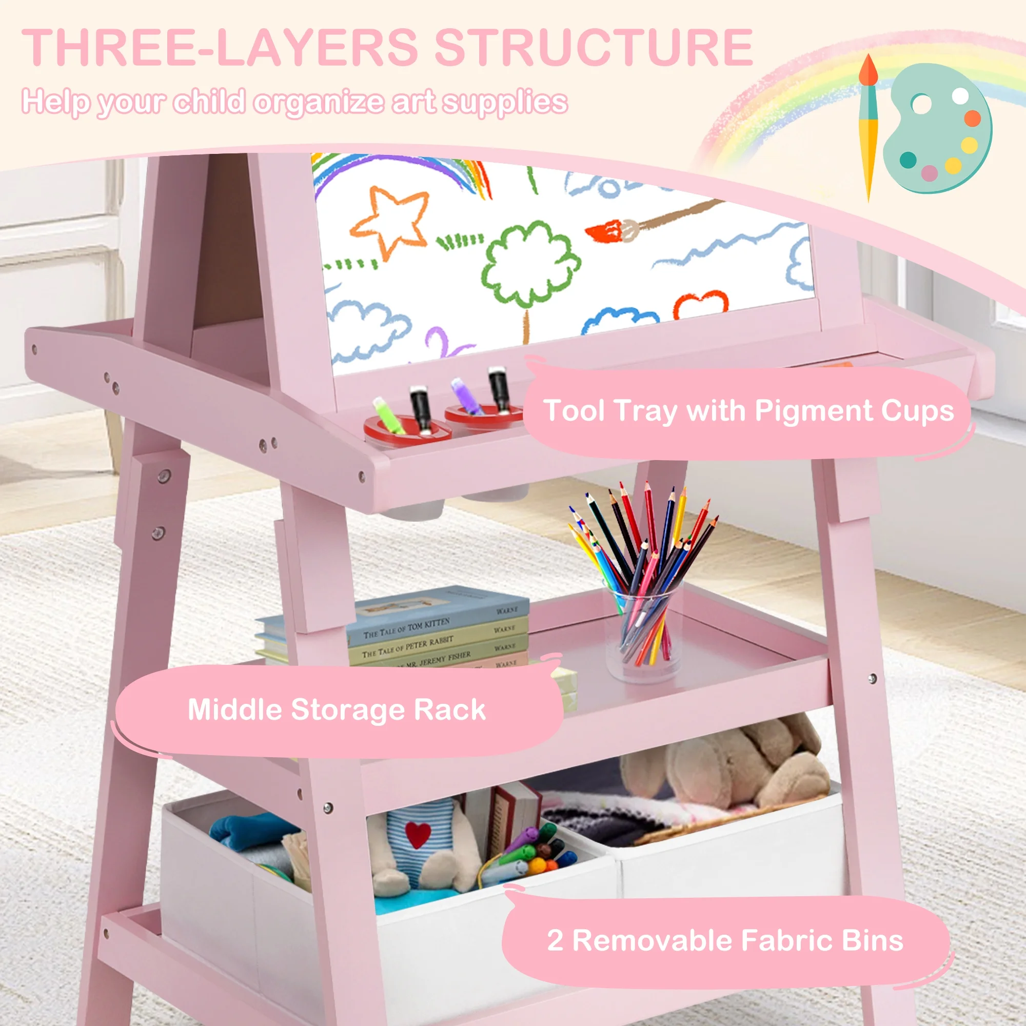 LINLUX 3 in 1 Art Easel for Kid, Whiteboard for Kid with Stand, Magnetic Chalkboard Pizarra, Grey