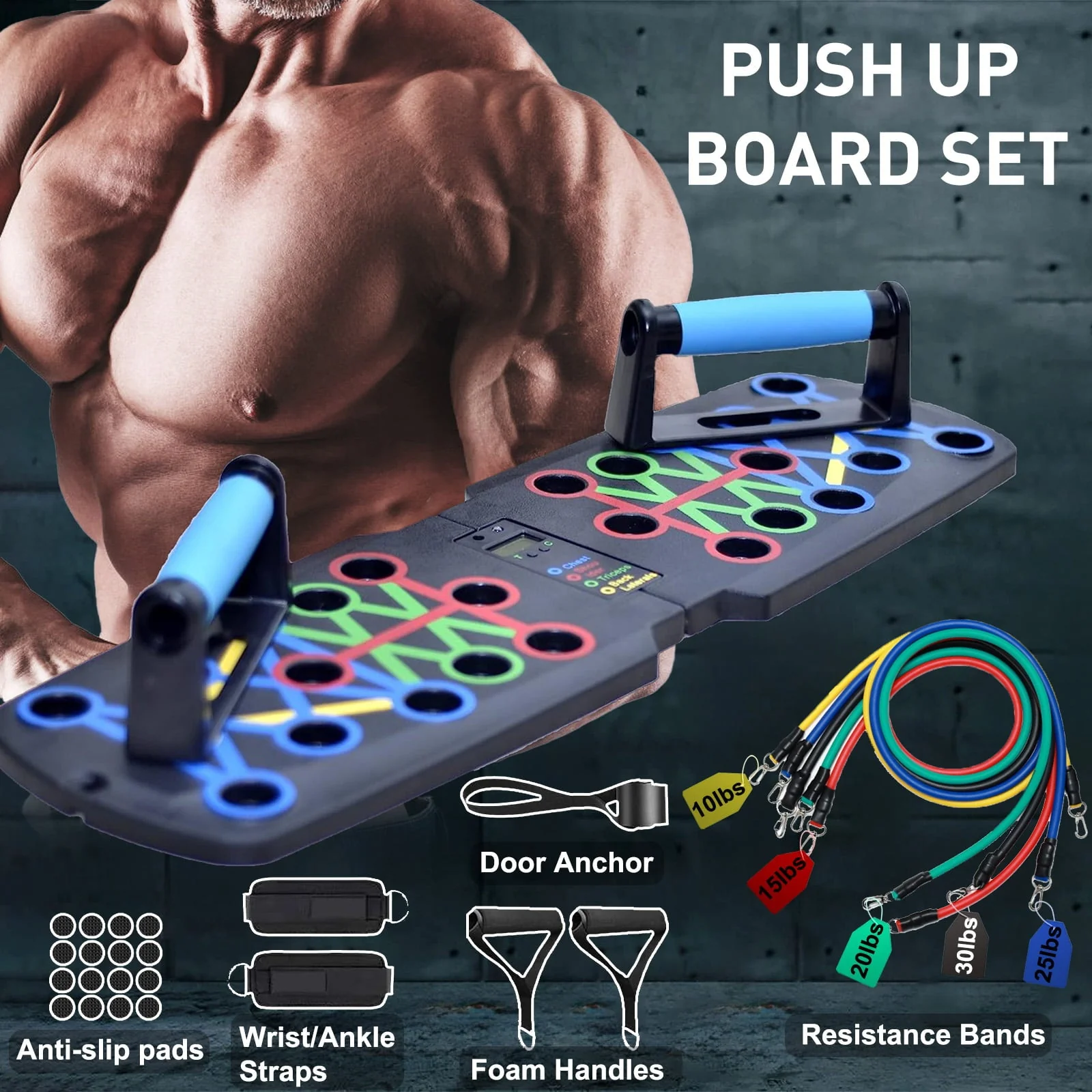 Push up Board, Portable Push up Bar with Auto Timing & Counting, Home Workout Equipment Push up Board for Men and Women with Resistance Bands, Strength Train Chest Tricep Back Workout