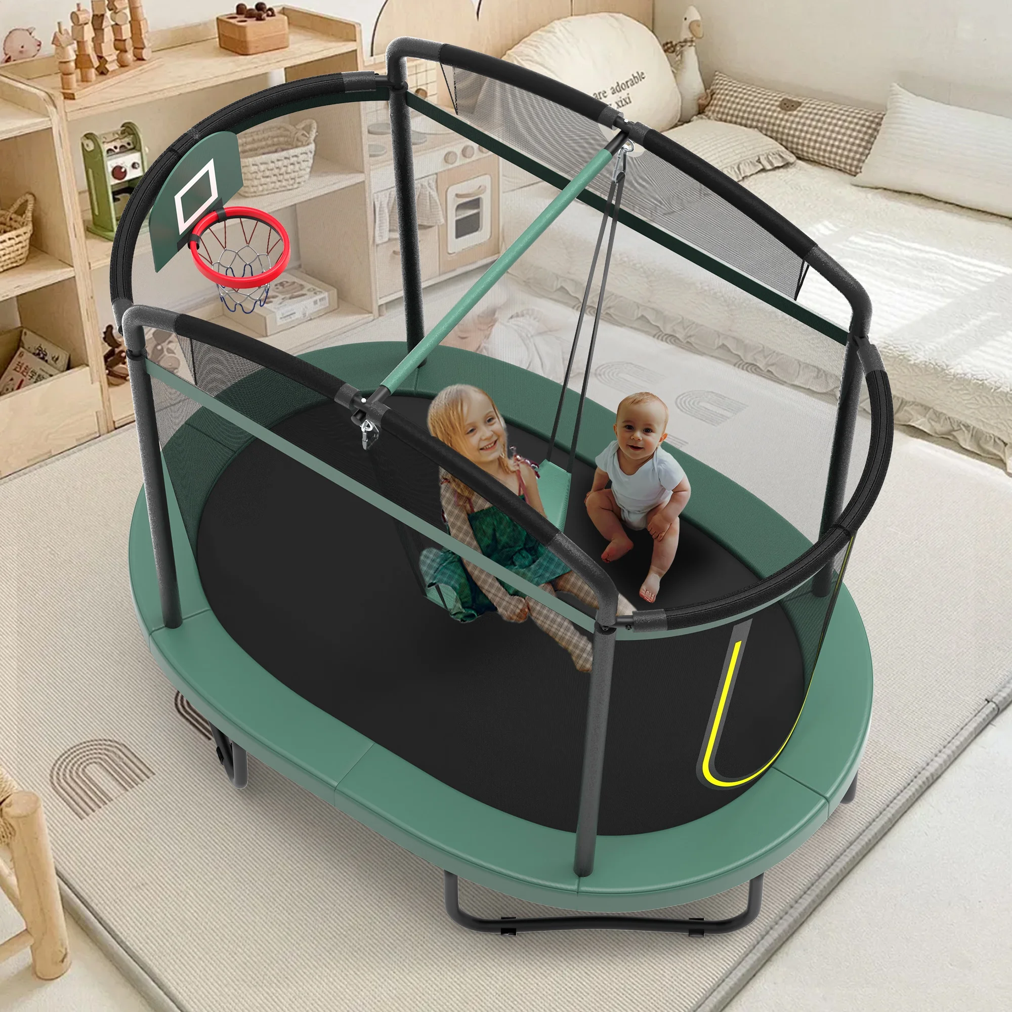 Seizeen 6FT Trampoline for Kids, 3-IN-1 Rectangular Outdoor/Indoor Trampoline with Enclosure, Basketball Hoop, Swing