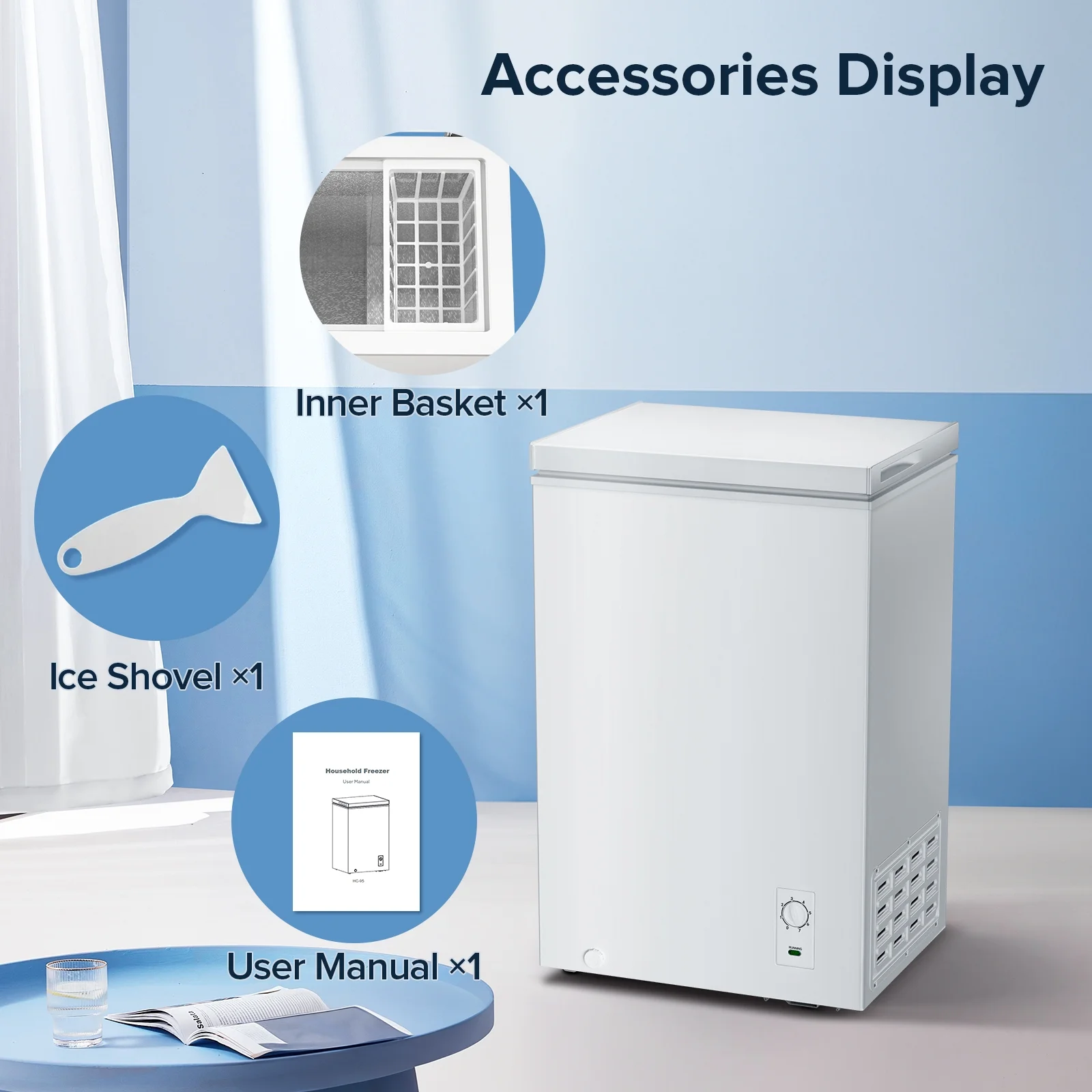 LHRIVER Mini Freezer Chest 3.5 cu ft, Deep Freezer & Side Handle, Compact Freezer with 7 Gear Adjustable Temperature, Removable Storage Basket, Black