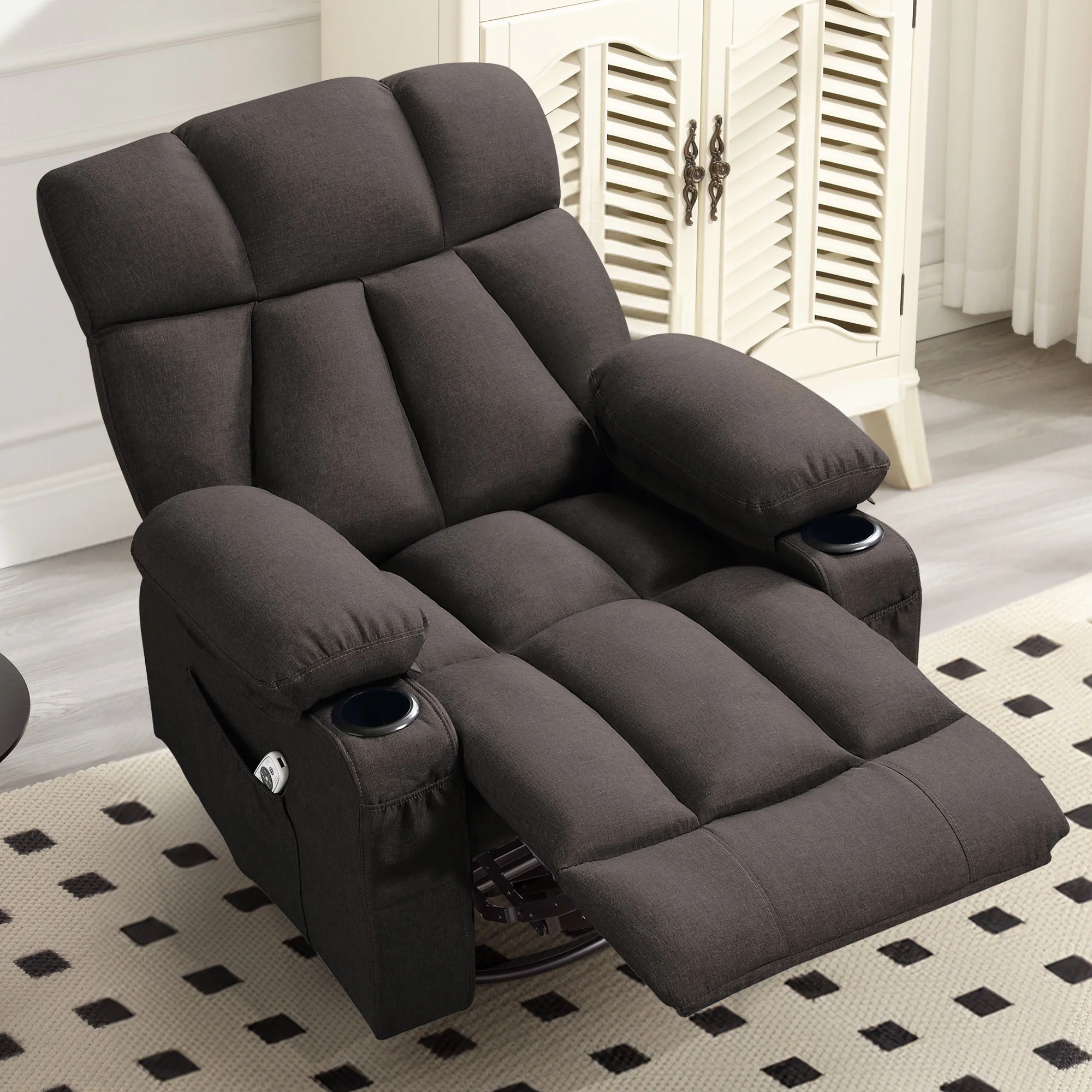 JONPONY Manual Recliner Chair with Heat Therapy and Massage Function, Heavy Duty Reclining Mechanism Massage Chair, Elderly Single Rocker Sofa with Cup Holders for Bedroom Home Theater,Grey