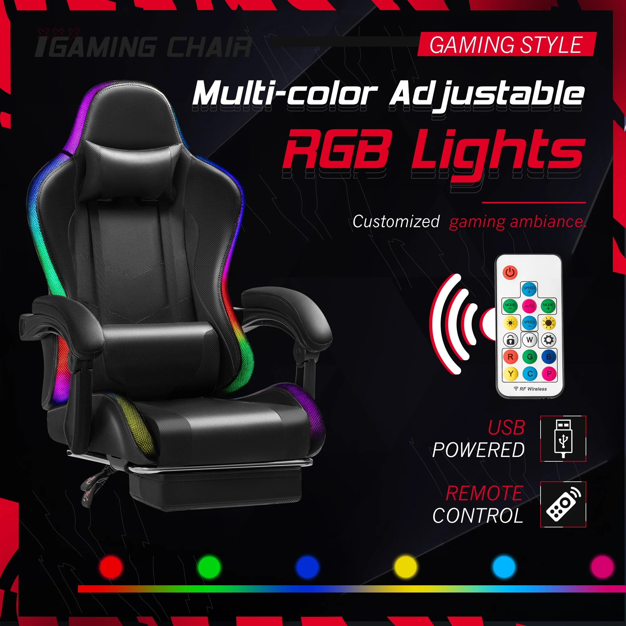 Homall RGB Gaming Chair with Massage and LED Lights Ergonomic Computer Chair with Footrest & Adjustable Lumbar Support, White