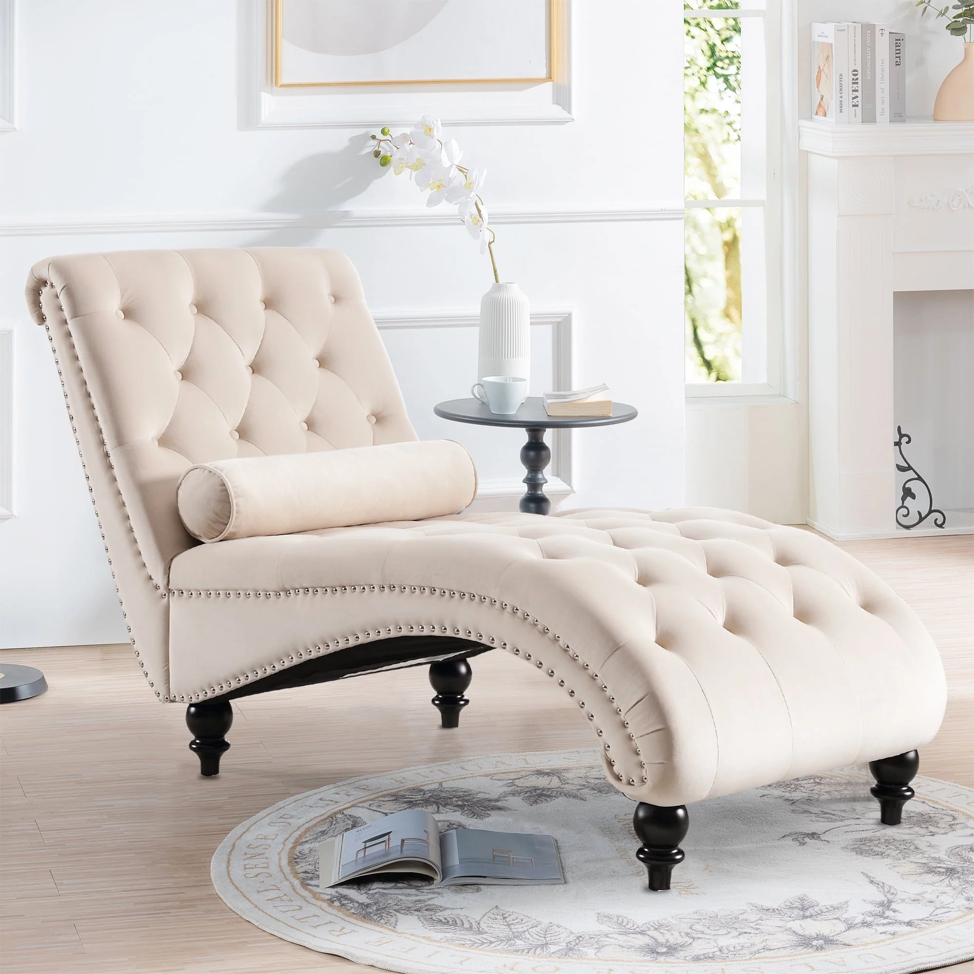 KINFFICT Velvet Chaise Lounge Indoor, Tufted lounge chair with Wood Legs, Leisure Accent Chair Upholstered Lounge Couch for Bedrooom Living Room, Beige