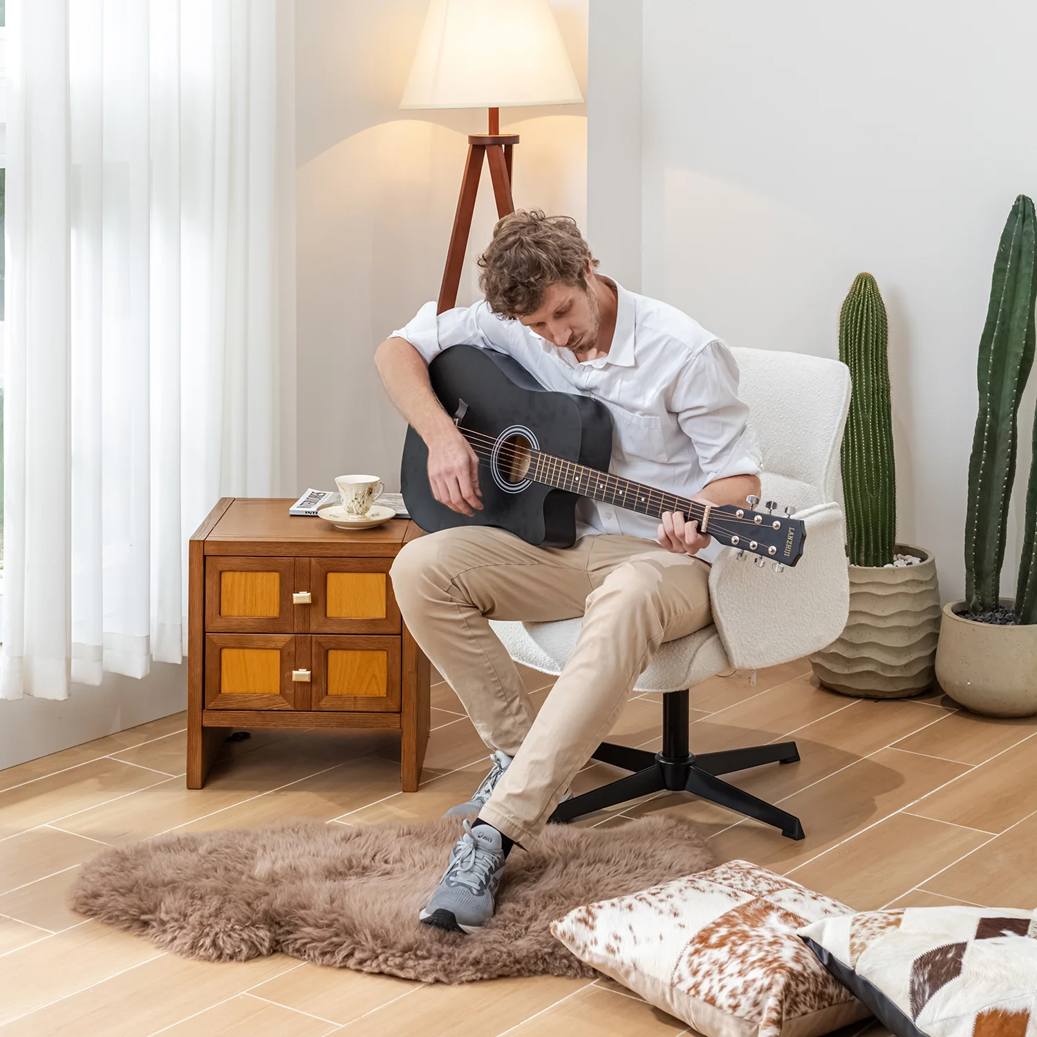 Homy Casa Ergonomic Criss Cross Leg Fabric Office Chair, Height Adjustable Wide Seat, Beige