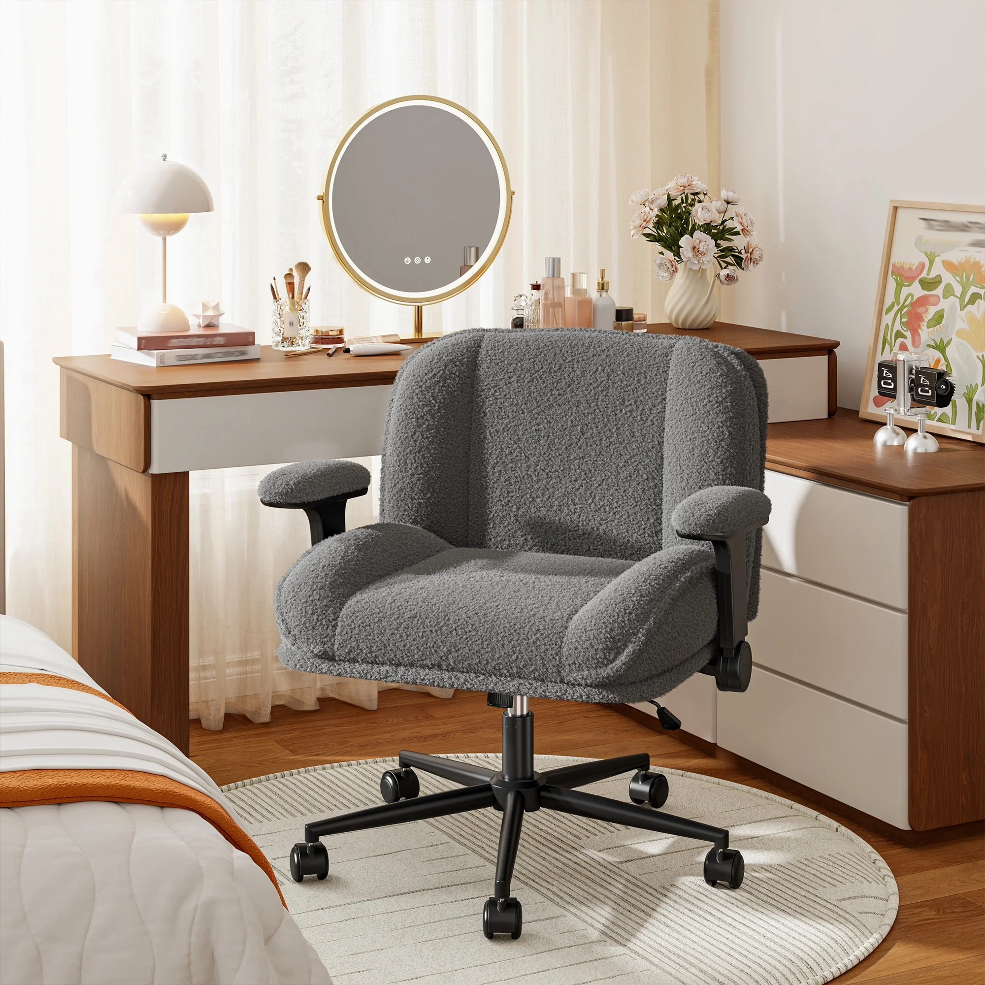 Romorgniz Criss Cross Chair with Adjustable Arms & Lumbar Support Office Chair with Reclining Back, Thick Cushion & Wheels for Office, Gaming, Reading, Vanity, Off-White