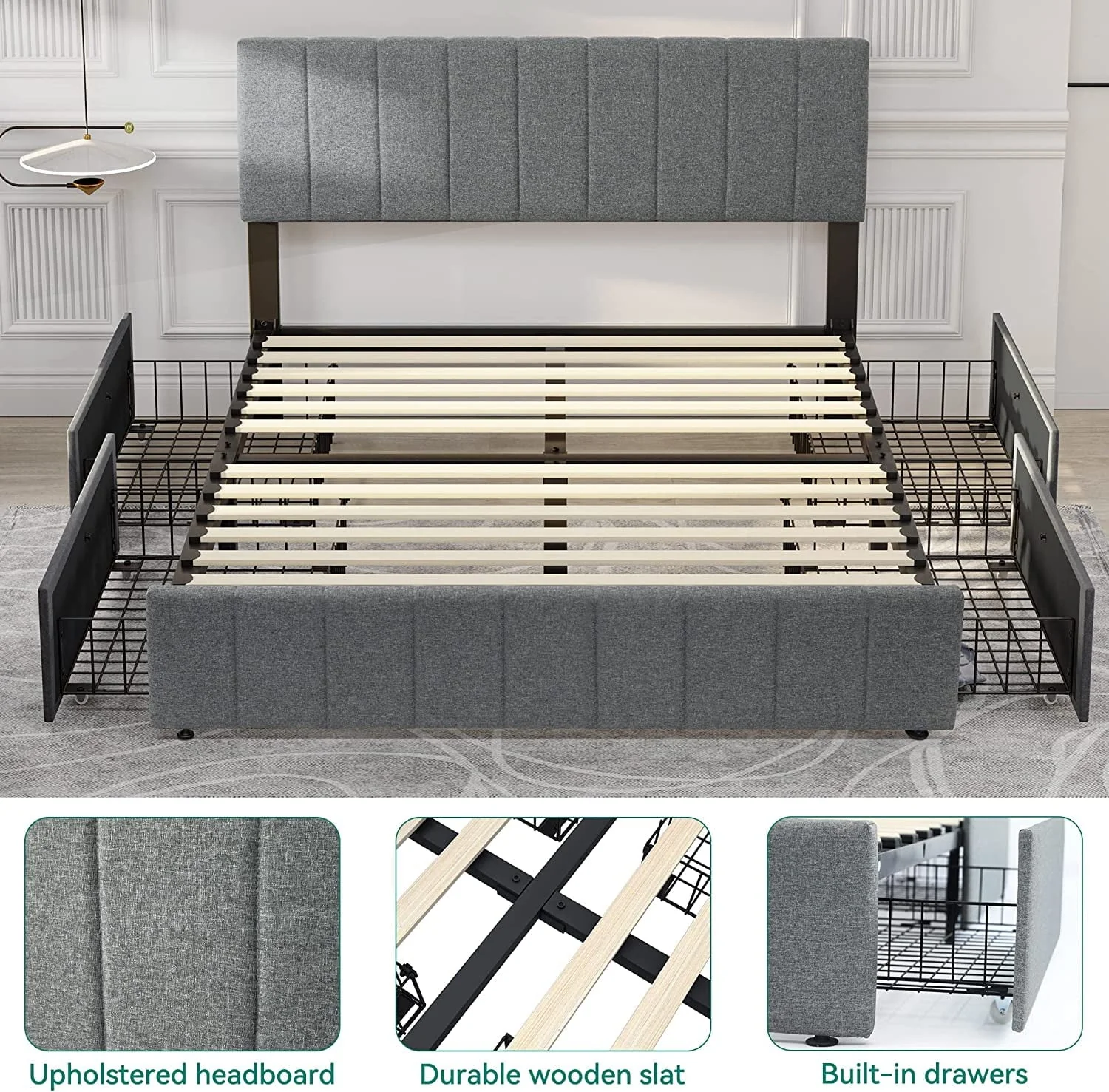 Dextrus Upholstered Platform Bed Frame with 4 Storage Drawers and Adjustable Headboard, Mattress Foundation with Sturdy Wood Slat Support, No Box Spring Needed, Grey(Queen)