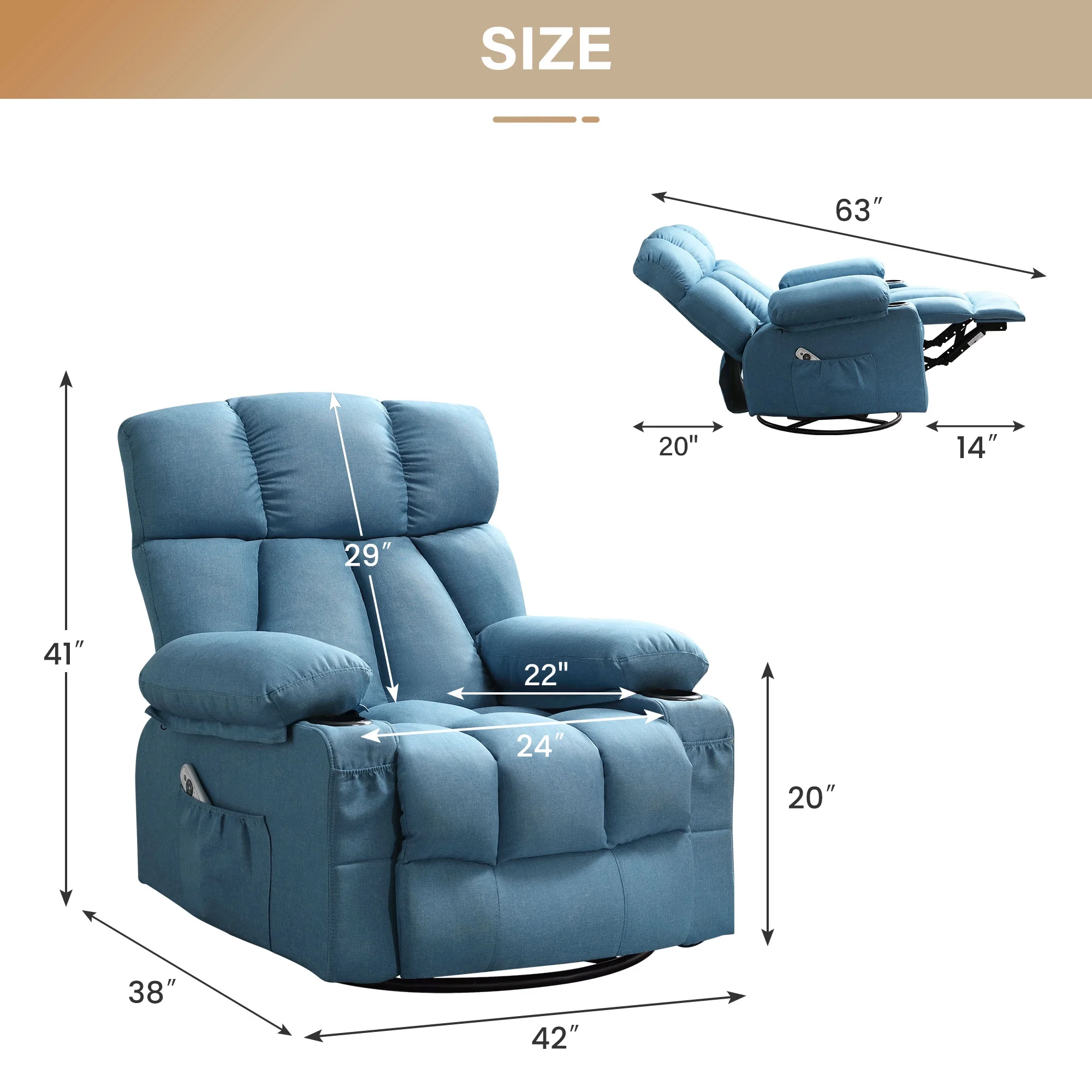 JONPONY Manual Recliner Chair with Heat Therapy and Massage Function, Heavy Duty Reclining Mechanism Massage Chair, Elderly Single Rocker Sofa with Cup Holders for Bedroom Home Theater,Grey