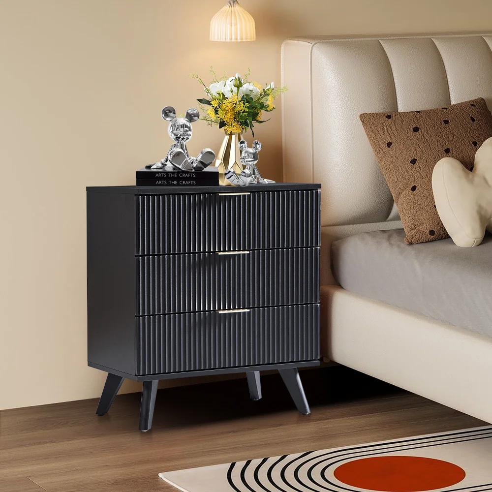 YOCWO Fluted Nightstand for Bedroom Set of 2 , Wood Bedside Table Set of 2 with Drawers, Black