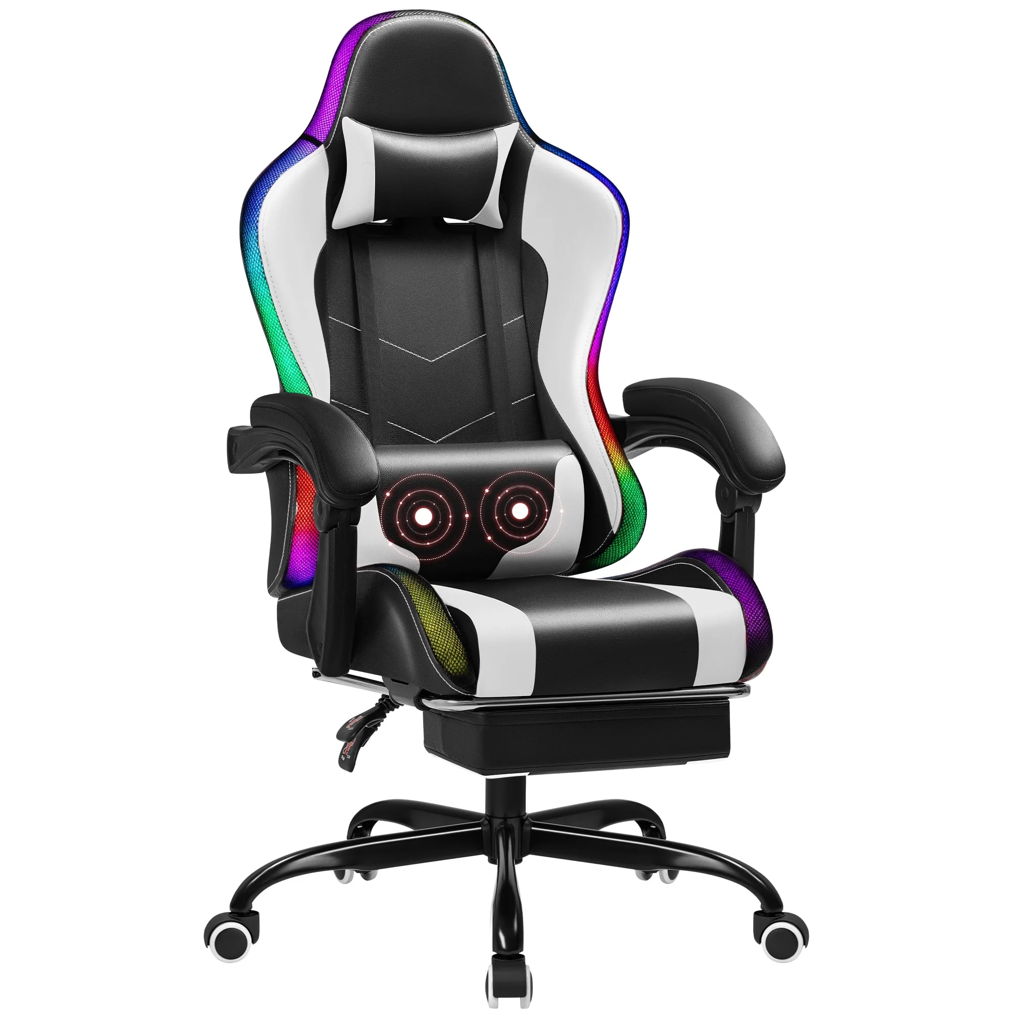 Homall RGB Gaming Chair with Massage and LED Lights Ergonomic Computer Chair with Footrest & Adjustable Lumbar Support, White