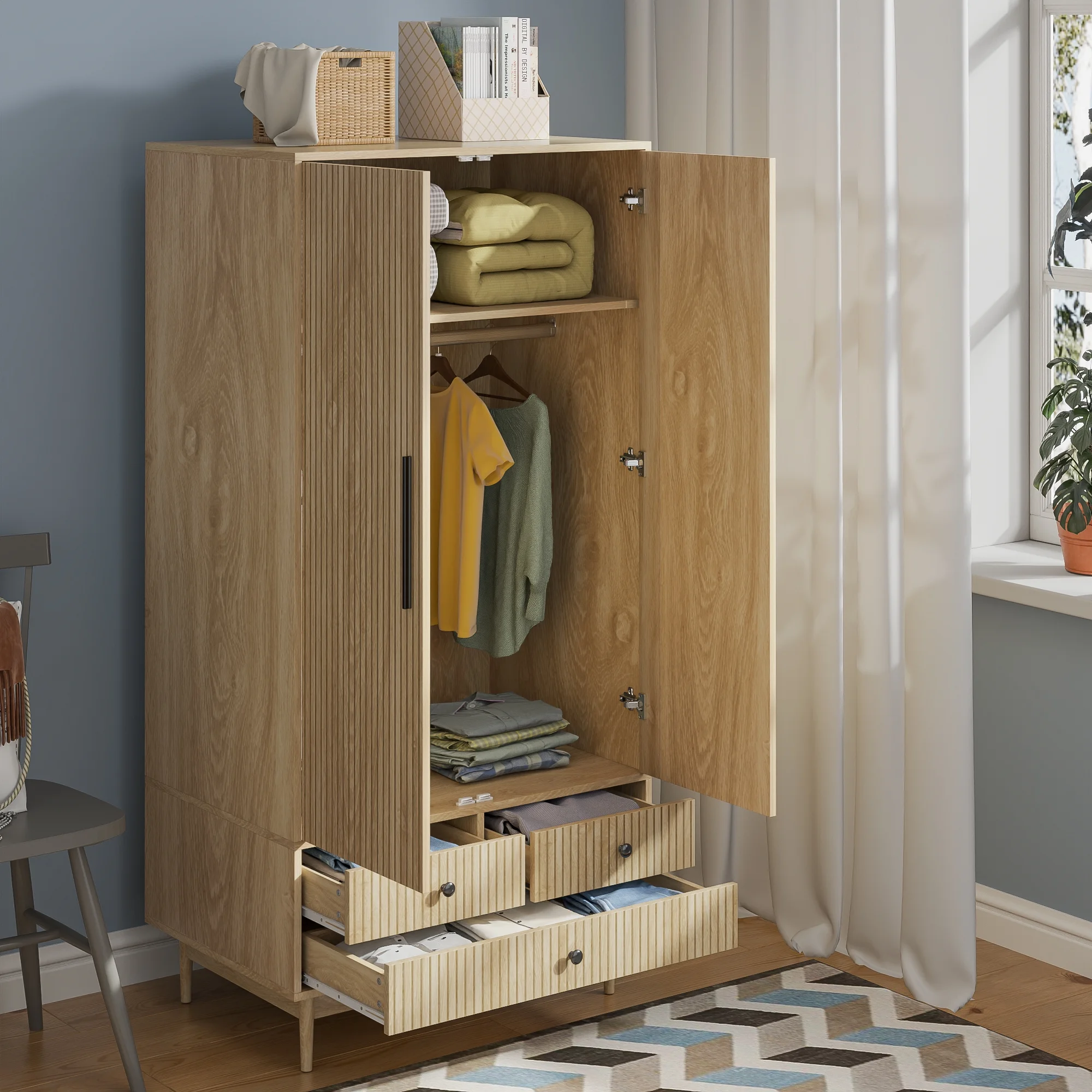 Armoire Wardrobe Closet, Closet Wardrobe Cabinet with Drawers and Hanging Rail for Bedroom, White