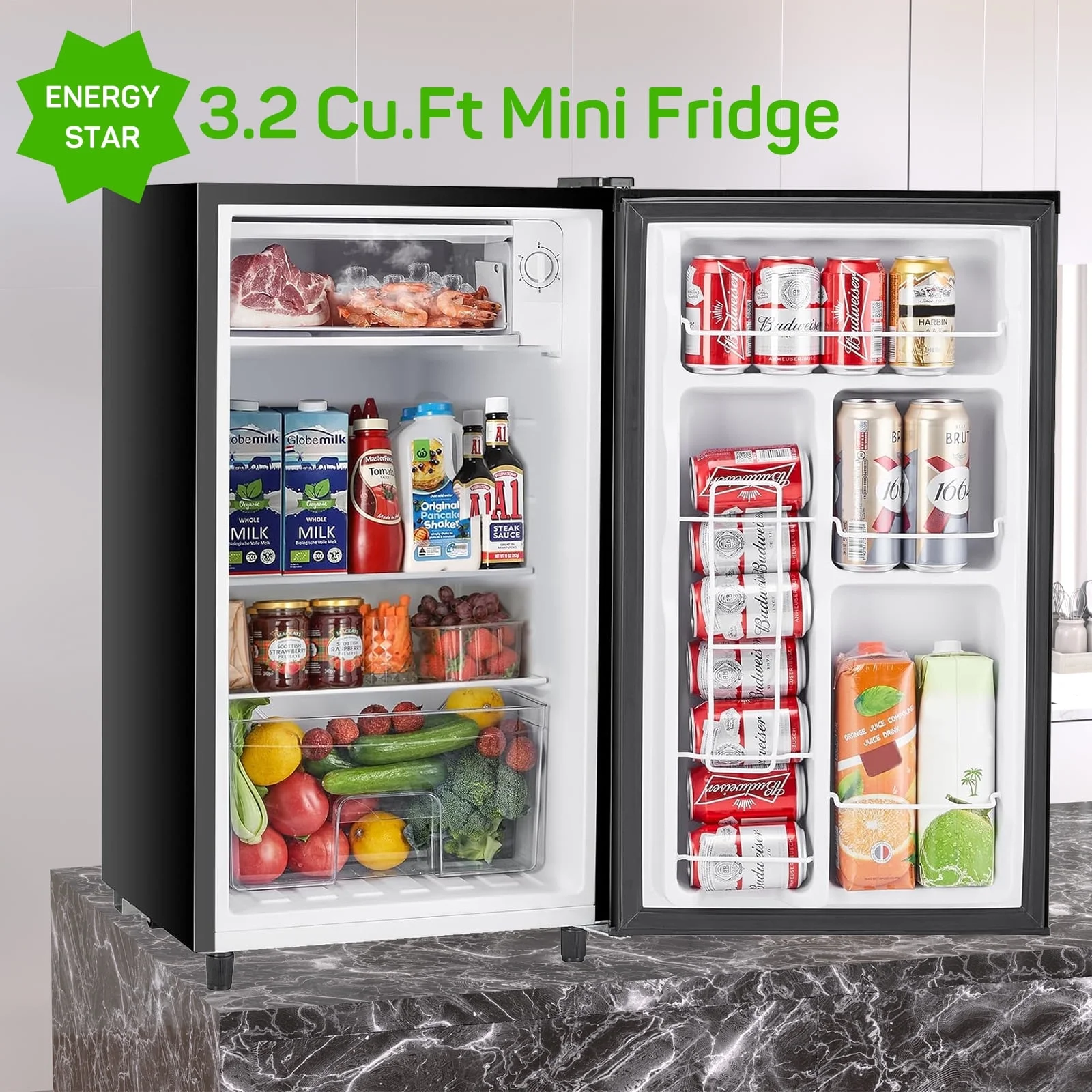 Mini Fridge 3.2 Cu. ft Single Door, 5 Star Energy Efficient, Low Noise, 5 Adjustable Thermostat & Removable Glass Shelves, Silver