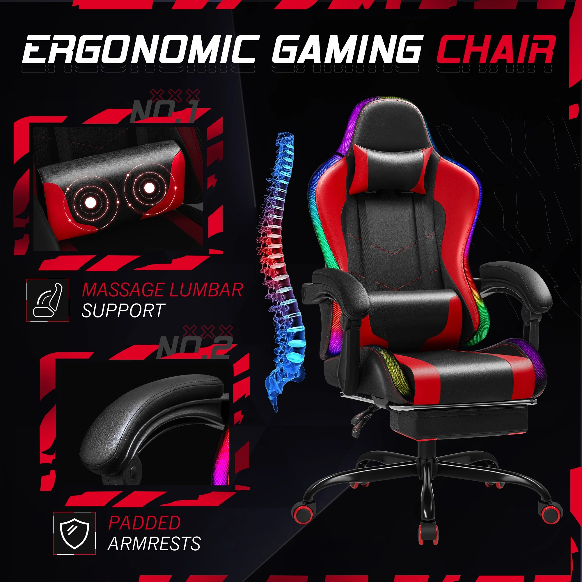 Homall RGB Gaming Chair with Massage and LED Lights Ergonomic Computer Chair with Footrest & Adjustable Lumbar Support, White