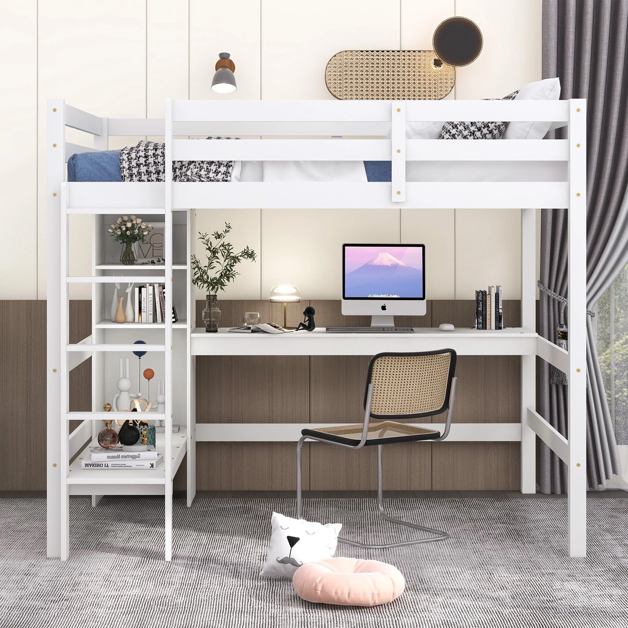 Euroco Full Size Loft Bed with Desk, Shelves and Bench for Kids Room, Solid Wood Bed with Relax Bench, White