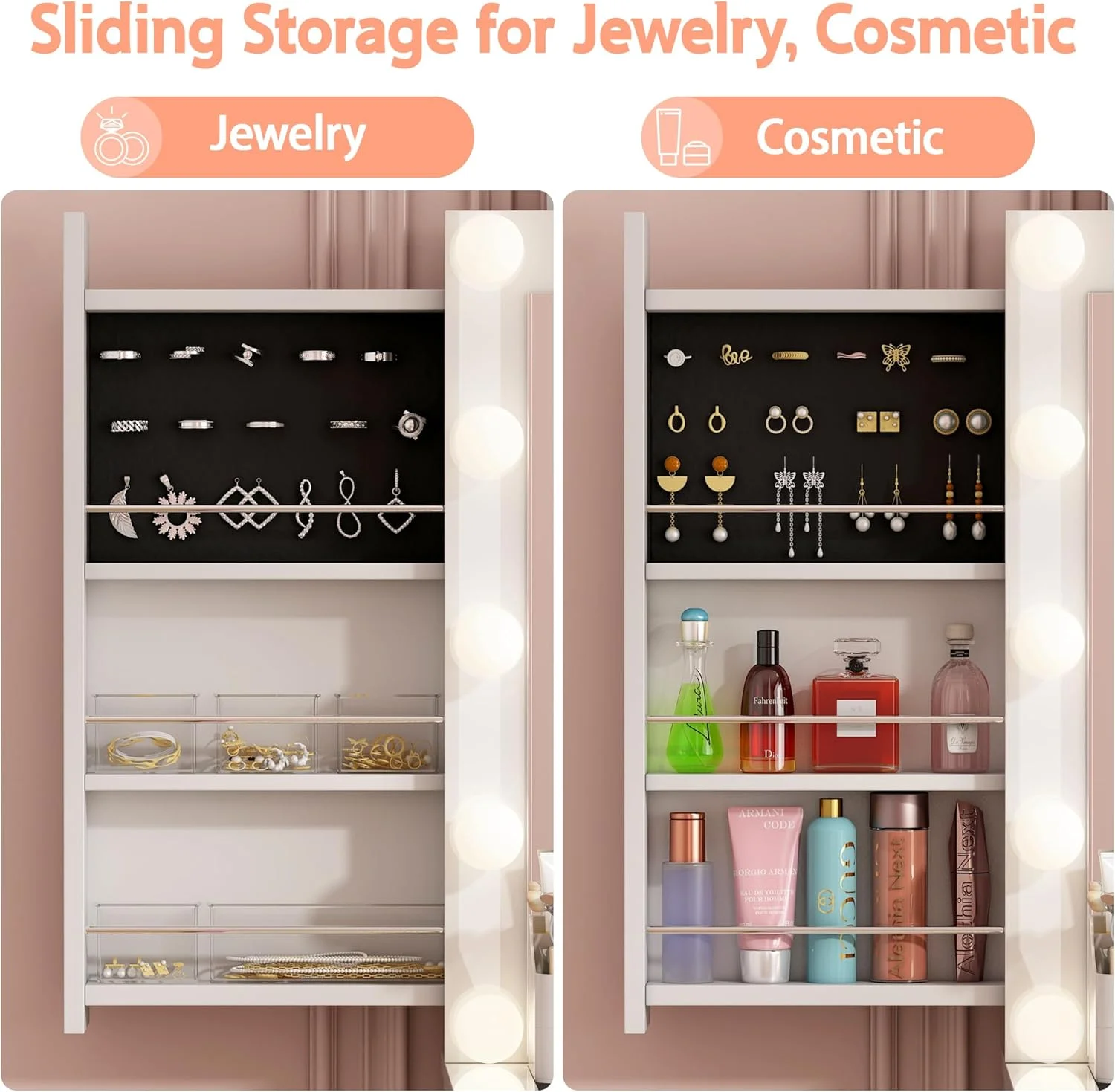 Linor Modern Adult Vanity Desk Set with Mirror, 14 LED Lights, 11 Drawers, Glass Top, White