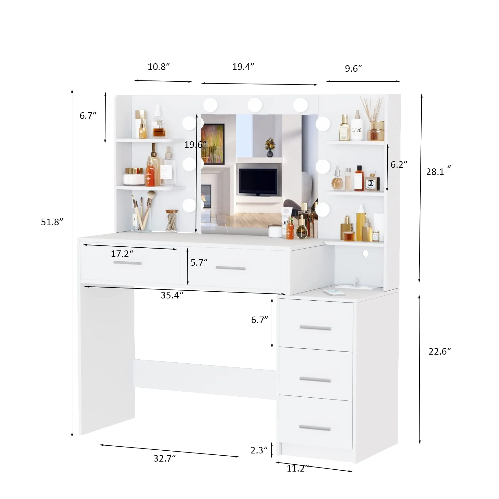 Makeup Vanity with Mirror and Lights,3 Lighting Colors,Bedroom Vanity Table with Charging Station,White Make Up Desk with 5 Drawers Storage and Open Shelves