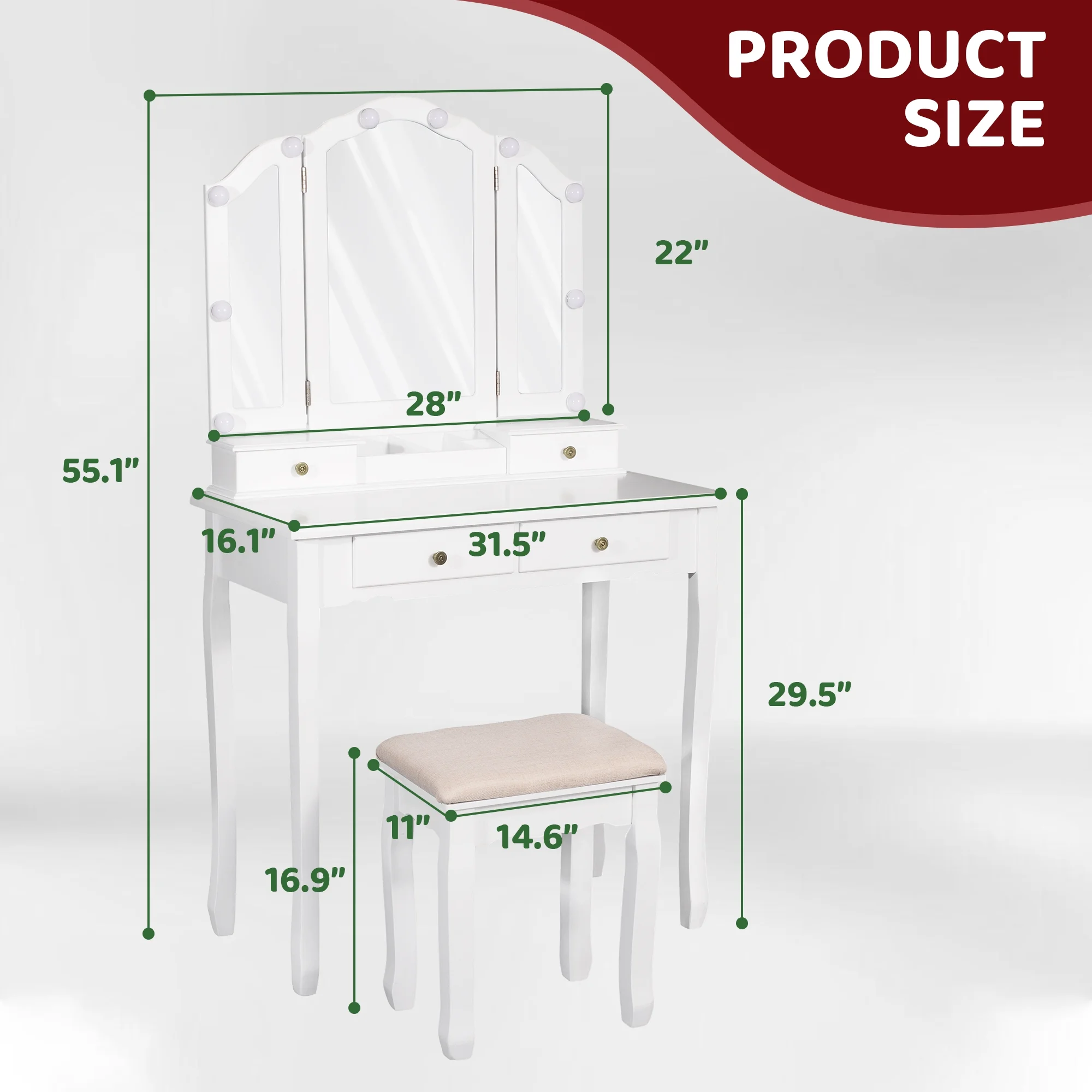 LilyFantasy Makeup Vanity with Lights, Vanity Desk with Cushioned Stool, Tri-fold Vanity Table Set with 4 Drawers, 3 Adjustable Light Modes, 2 Brush Slots, 2 Open Compartments for Girls, Women, White