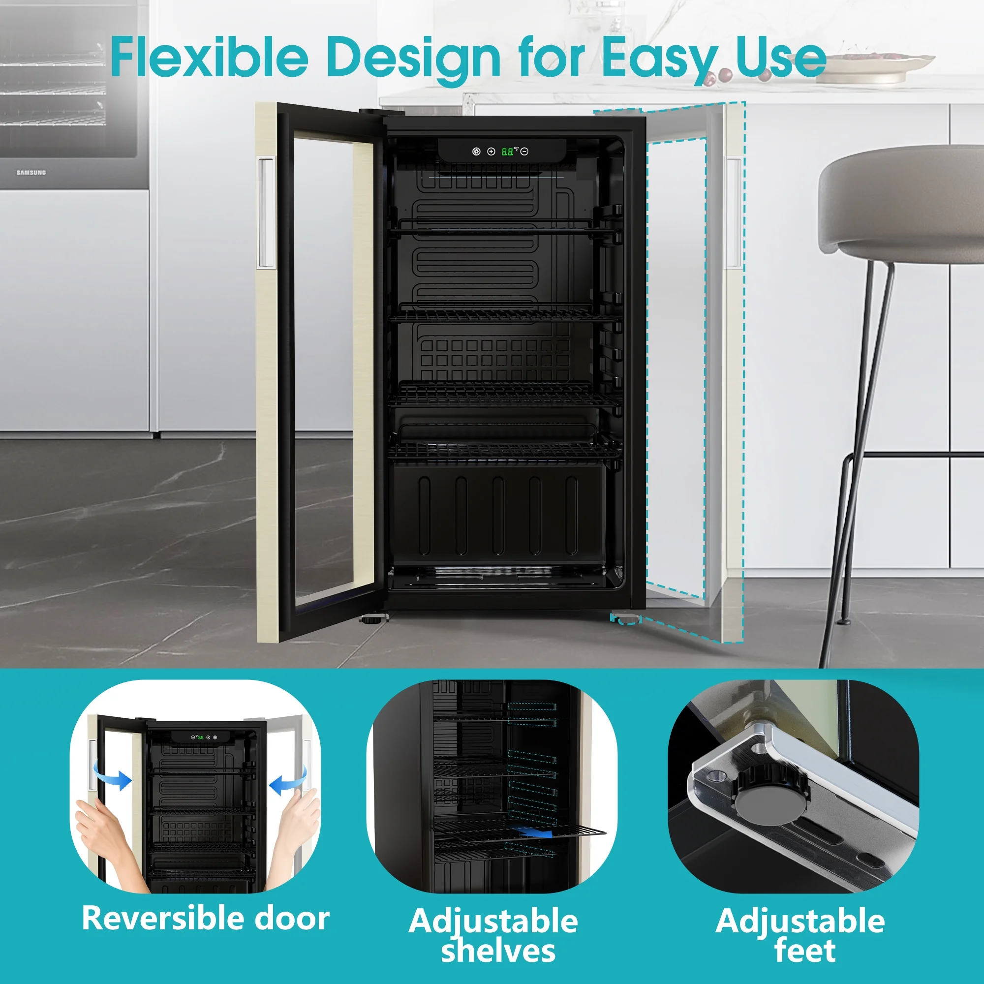 Qunler 130 Can Beverage Cooler Refrigerator with Glass Door for Beer Soda Water, Drink Fridge for Home Bar, Silver