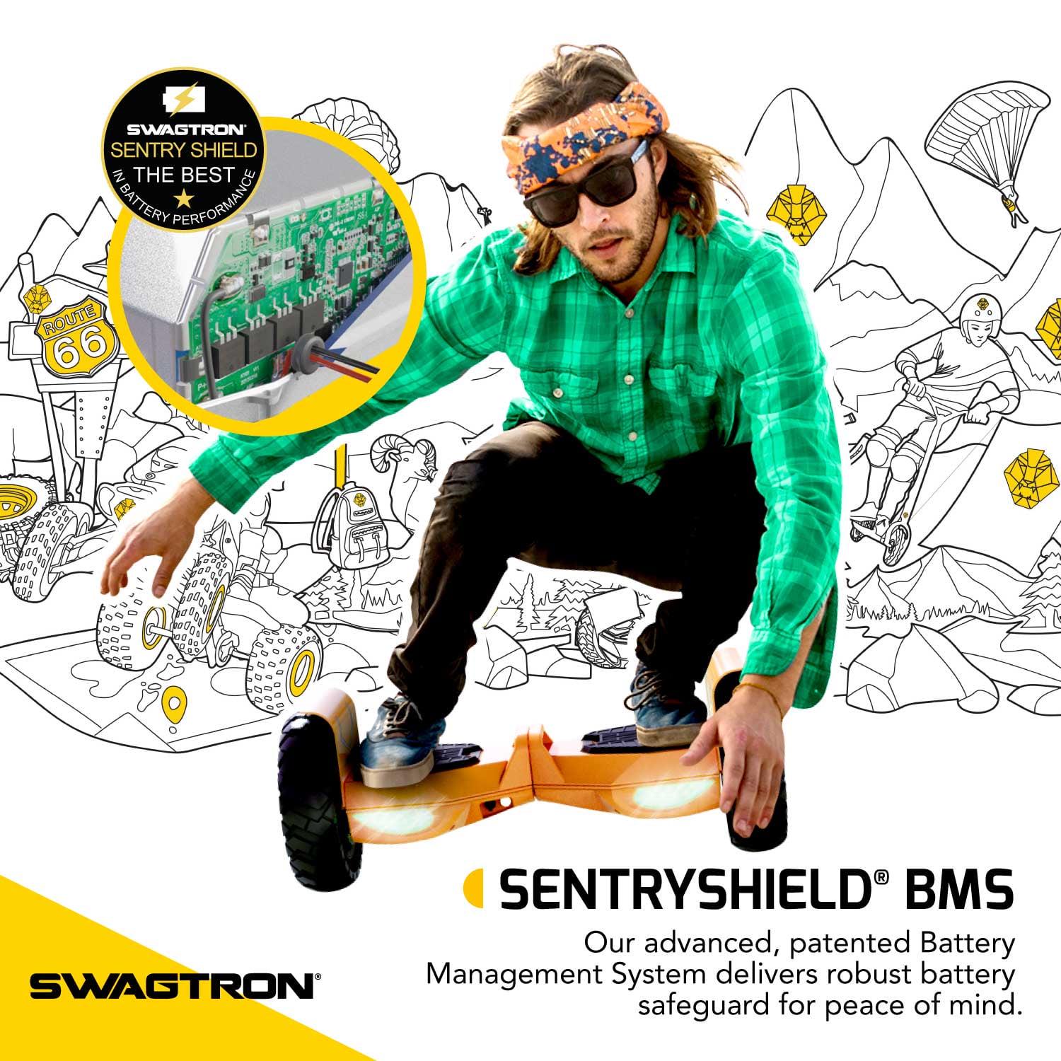 Swagtron Off-Road T6 Hoverboard. 420 lb Weight Limit. Black. Bluetooth Speaker. 10 Inch Wheel 12 Mph UL-Compliant