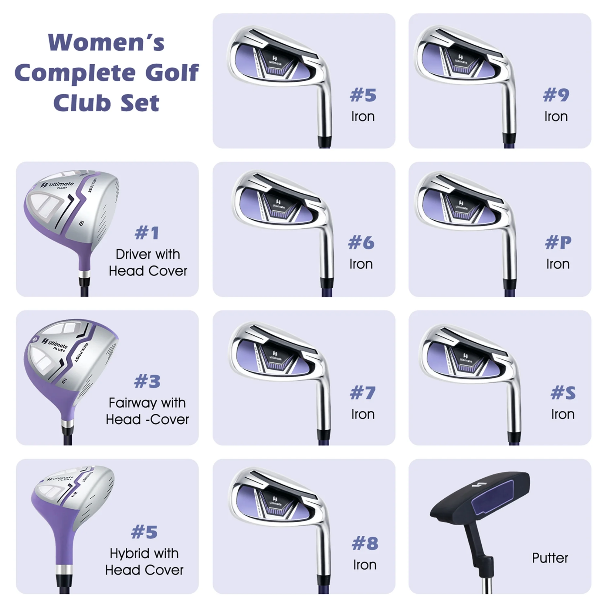 Ultimate Women��s Complete Golf Club Set Golf Club Package Set w/ Rain Hood, Right Hand Purple