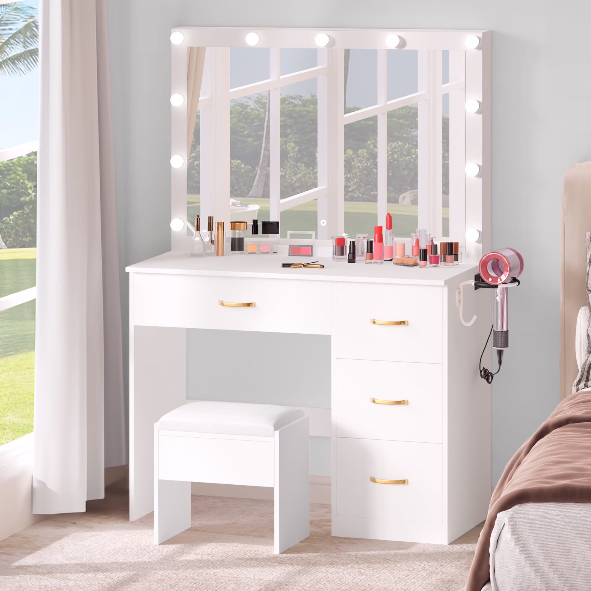 Dextrus Makeup Vanity Desk with Large Lighted Mirror and Storage - Enhance Your Beauty, Routine 4 Drawer Vanity Table with Cushioned Stool, Milky-White
